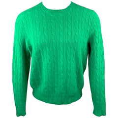 RALPH LAUREN Size M Green Cable Knit Cashmere Crew-Neck Sweater