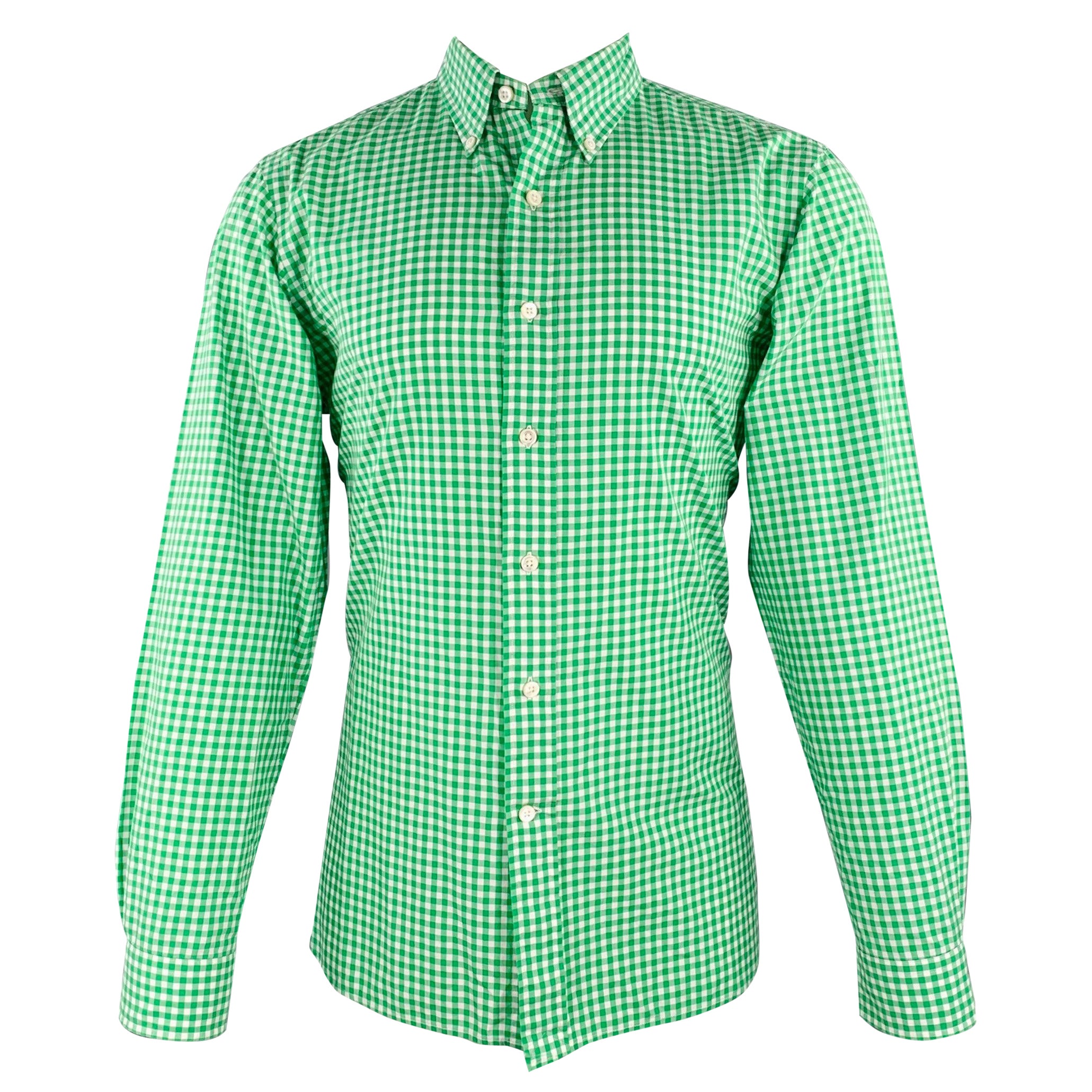 RALPH LAUREN Talla M Camisa de manga larga con botones de algodón y guinga verde y blanca