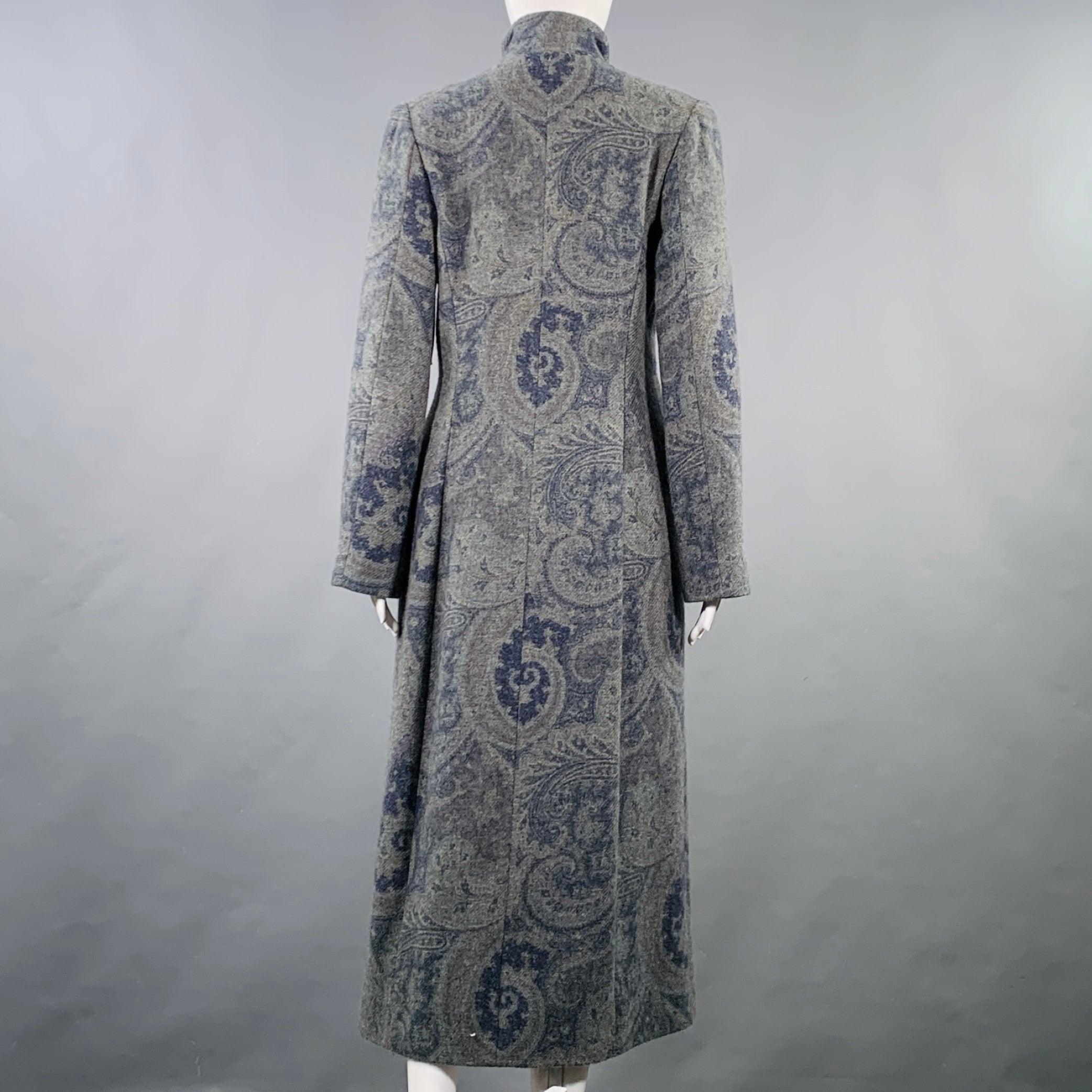 Gray RALPH LAUREN Size M Grey Blue Wool Paisley Hidden Buttons Coat For Sale