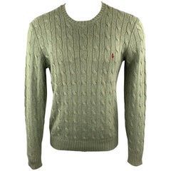 RALPH LAUREN Size M Moss Green Cable Knit Silk / Cashmere Crew-Neck Sweater