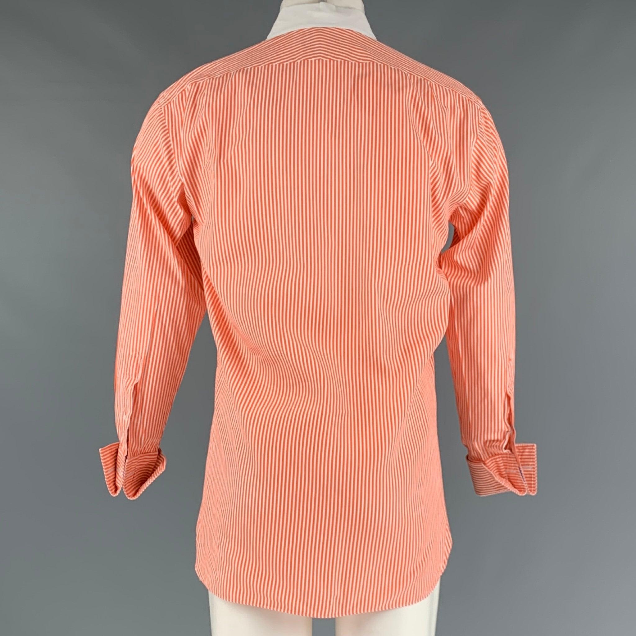 Men's RALPH LAUREN Size M Orange White Stripe Cotton French Cuff Long Sleeve Shirt For Sale