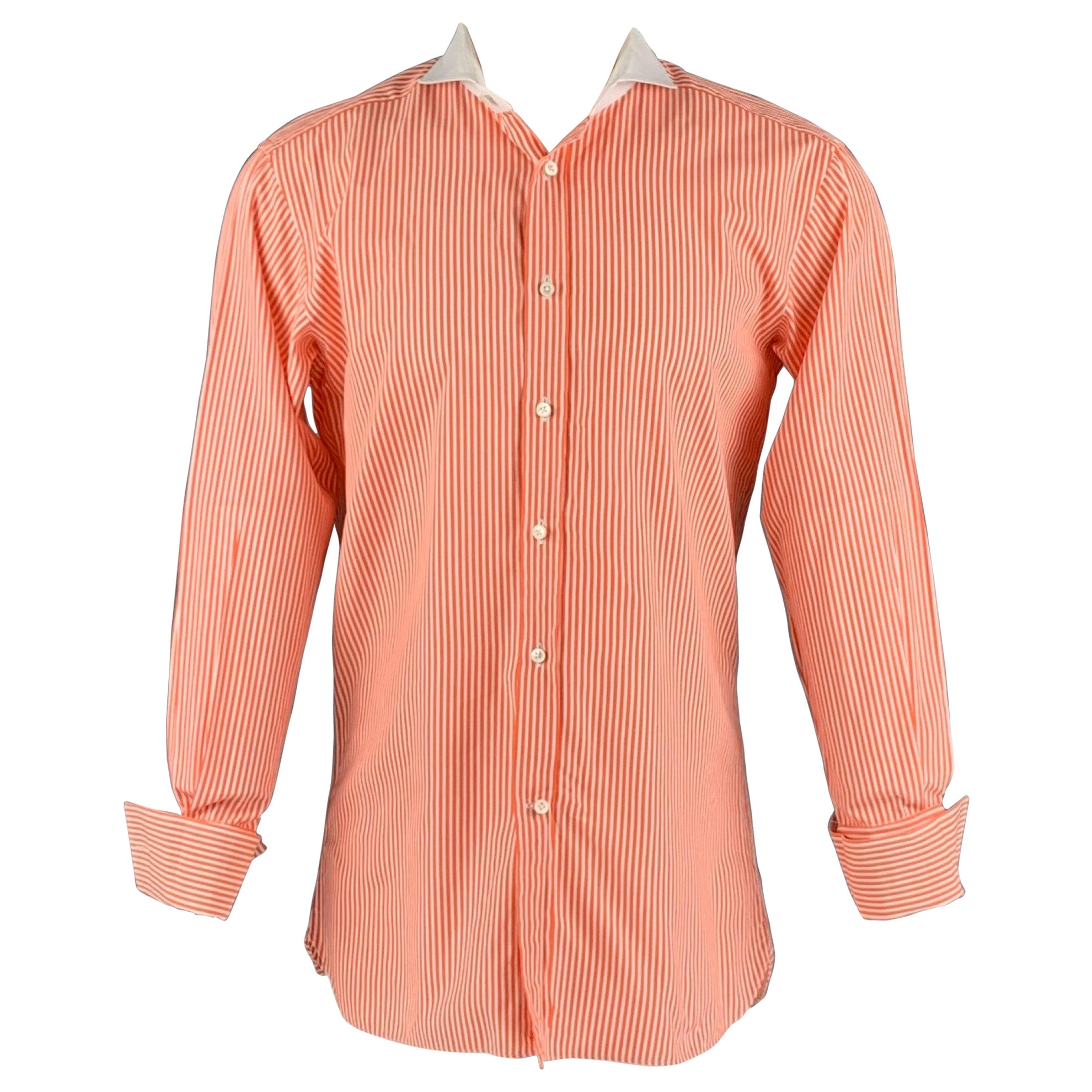 RALPH LAUREN Camicia a maniche lunghe in cotone a righe bianche e arancioni, taglia M.