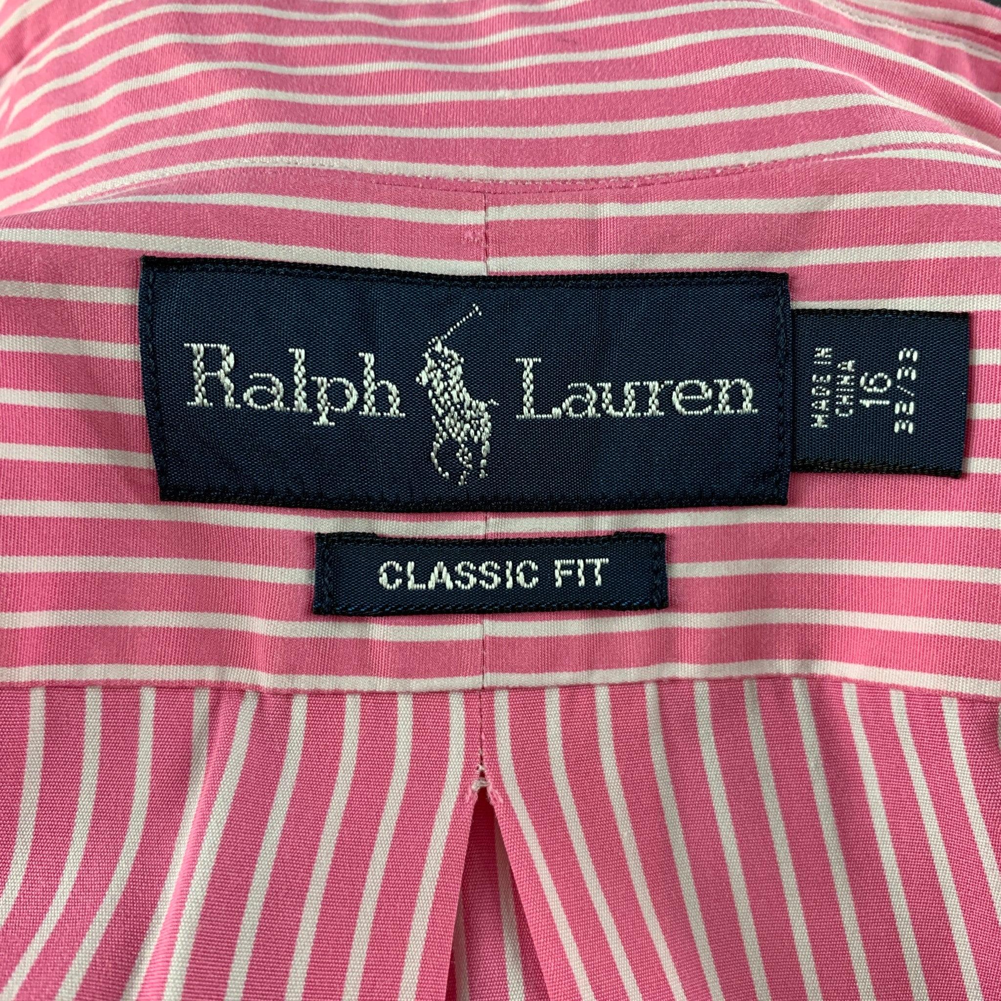 Men's RALPH LAUREN Size M Pink White Stripe Cotton Long Sleeve Shirt For Sale
