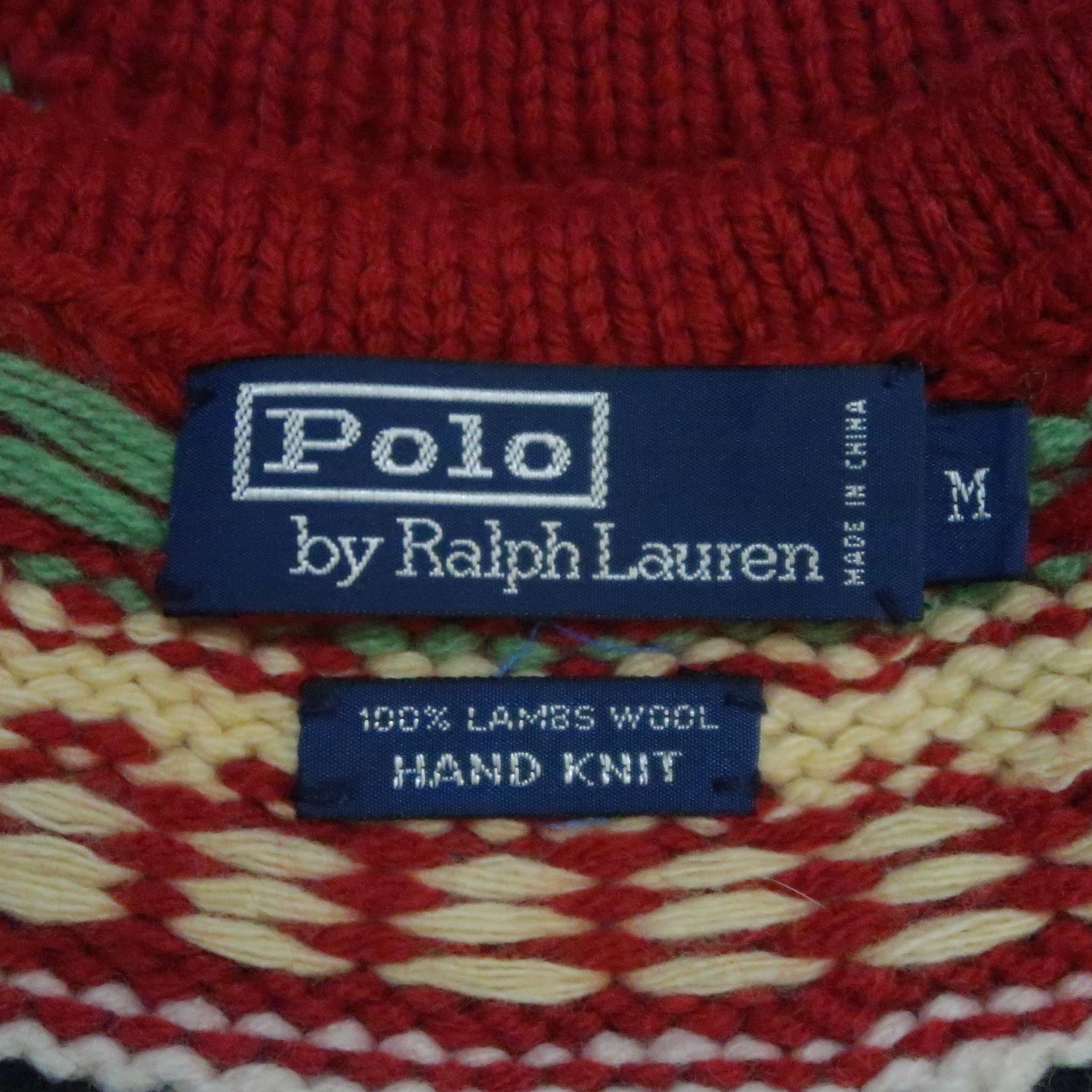 Men's RALPH LAUREN Size M Red Knitted Wool Intarsia Pullover Sweater