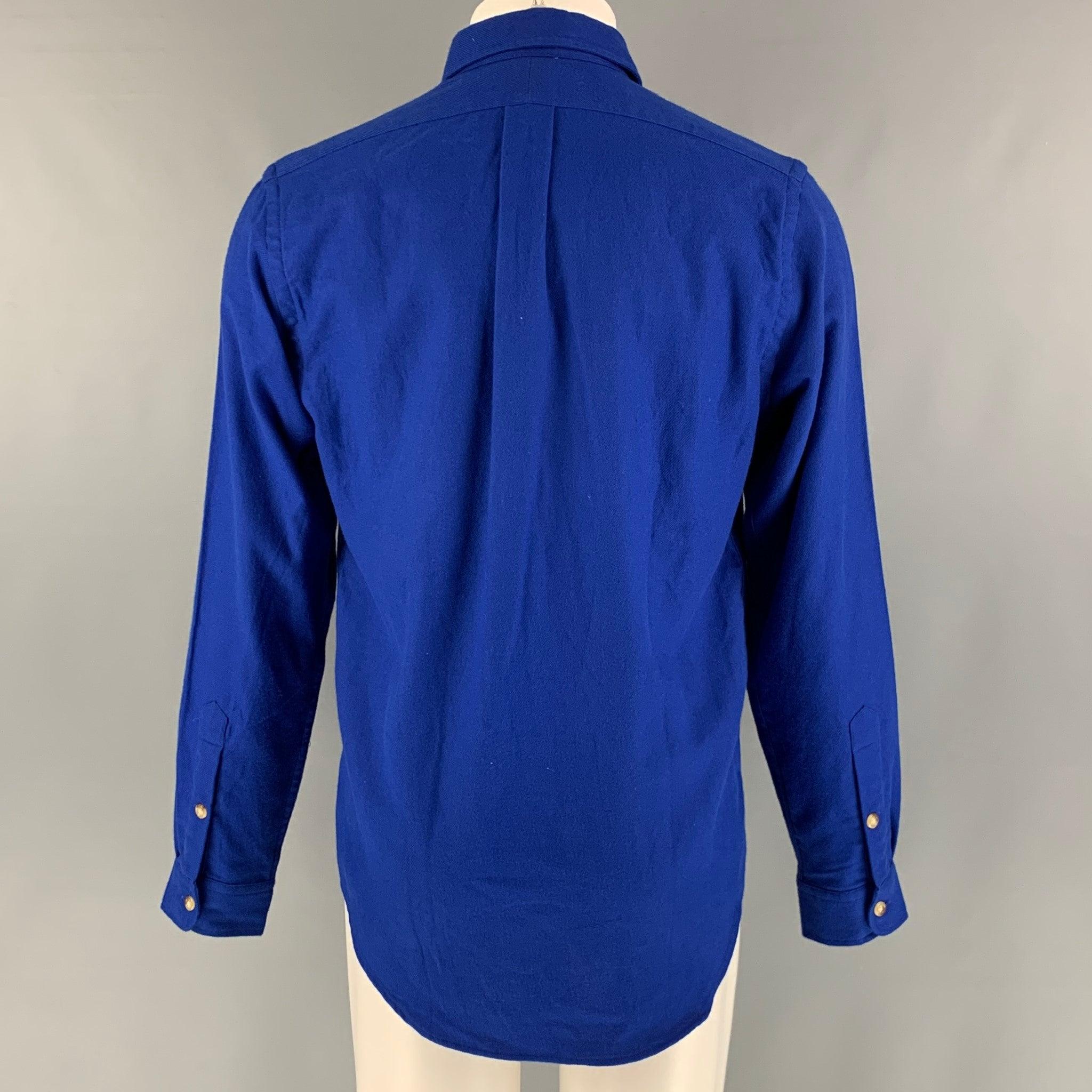 RALPH LAUREN Size M Royal Blue Solid Cotton Patch Pockets Long Sleeve Shirt In Excellent Condition For Sale In San Francisco, CA