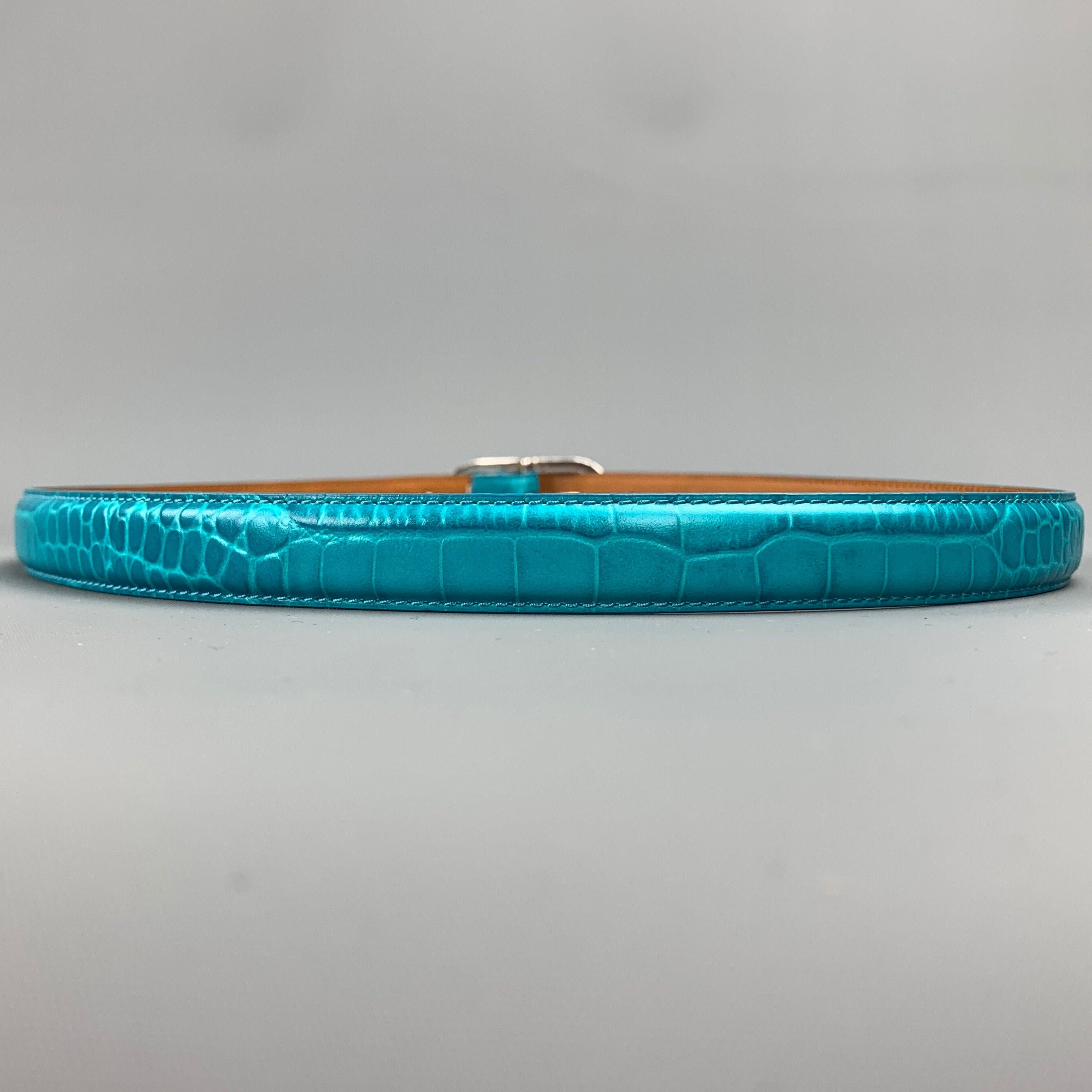 RALPH LAUREN Size M Teal Embossed Leather Skinny Belt In Good Condition For Sale In San Francisco, CA