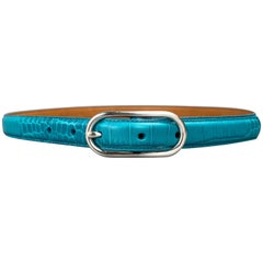 RALPH LAUREN Size M Teal Embossed Leather Skinny Belt