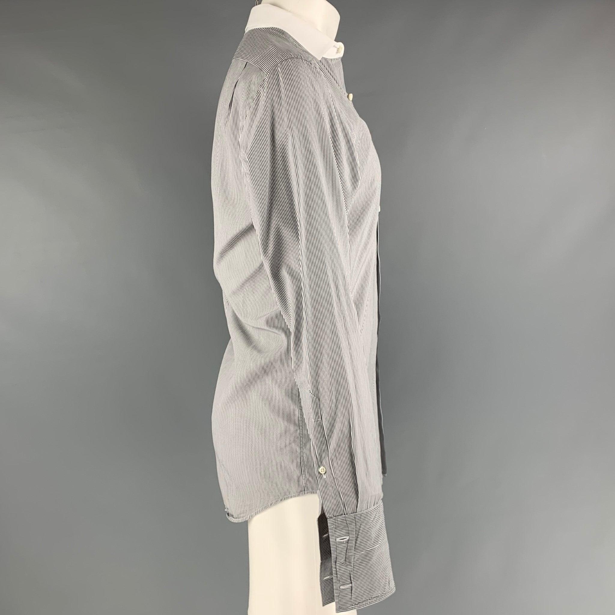 RALPH LAUREN BLACK LABEL long sleeve button down shirt in 100% white cotton, featuring black stripes, French cuffs, white collar, and a button closure.Good Pre-Owned Condition. Tiny holes on back. 

Marked:   16 

Measurements: 
 
Shoulder: 17.5