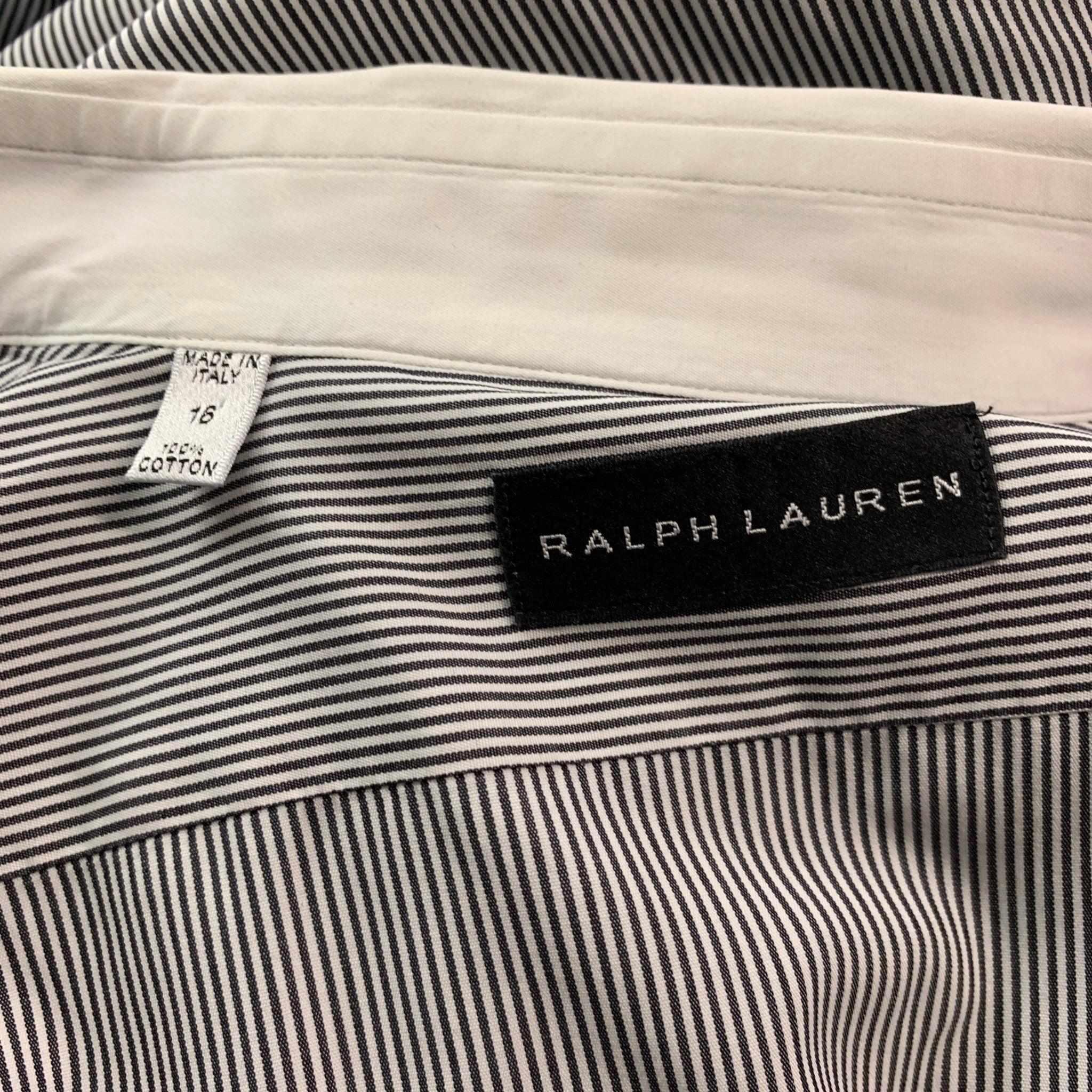 RALPH LAUREN Size M White Black Stripe Cotton French Cuff Long Sleeve Shirt For Sale 1