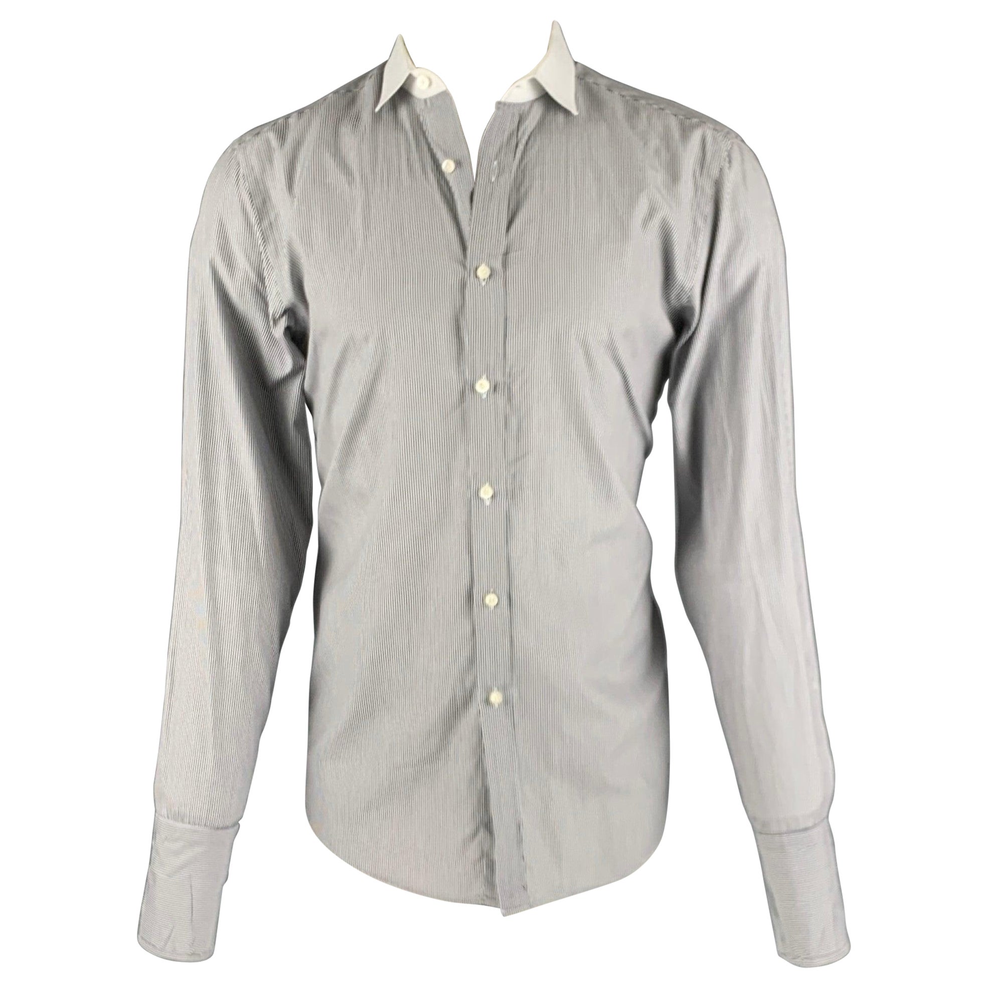 RALPH LAUREN Size M White Black Stripe Cotton French Cuff Long Sleeve Shirt (Chemise à manches longues en coton à rayures blanches et noires)