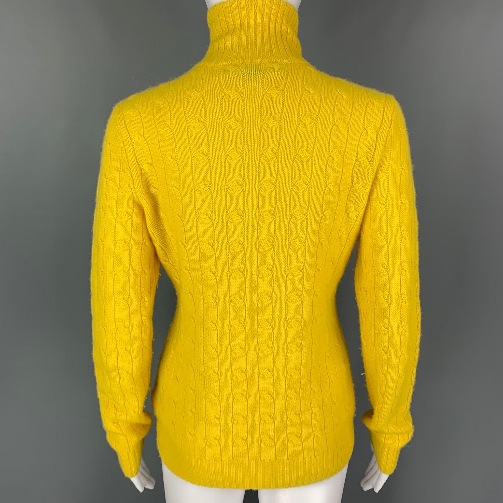 RALPH LAUREN Size M Yellow Cashmere Cable Turtleneck Sweater In Good Condition In San Francisco, CA