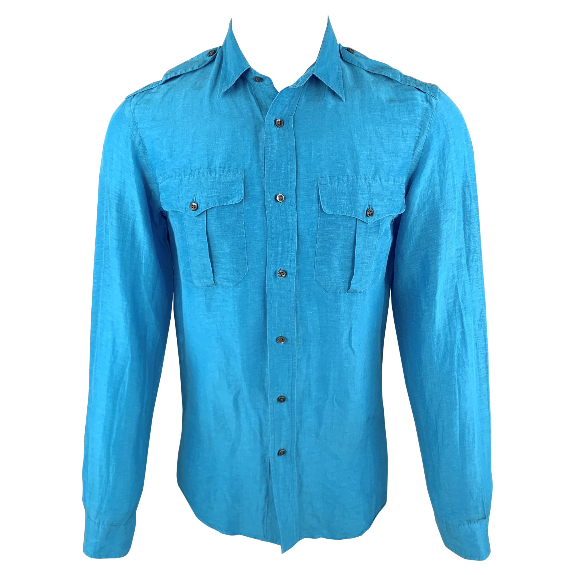 RALPH LAUREN Size S Aqua Linen / Silk Button Up Long Sleeve Shirt For Sale  at 1stDibs