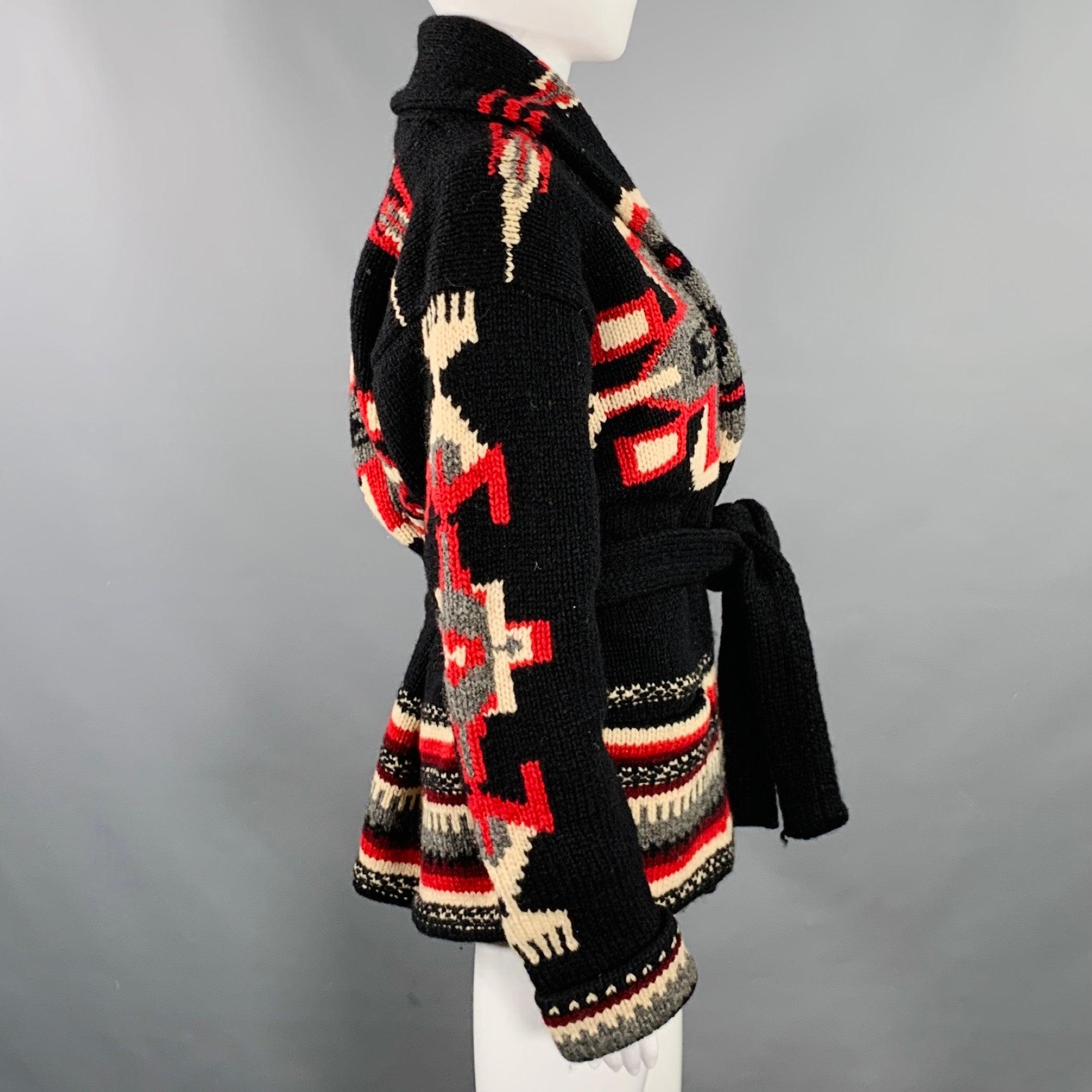 Vintage RALPH LAUREN cardigan
in a black wool knit featuring a red and black Nordic pattern, shawl collar, and belted closure. Handknit.Very Good Pre-Owned Condition. Moderate signs of wear. 

Marked:   S 

Measurements: 
 
Shoulder: 22 inches 