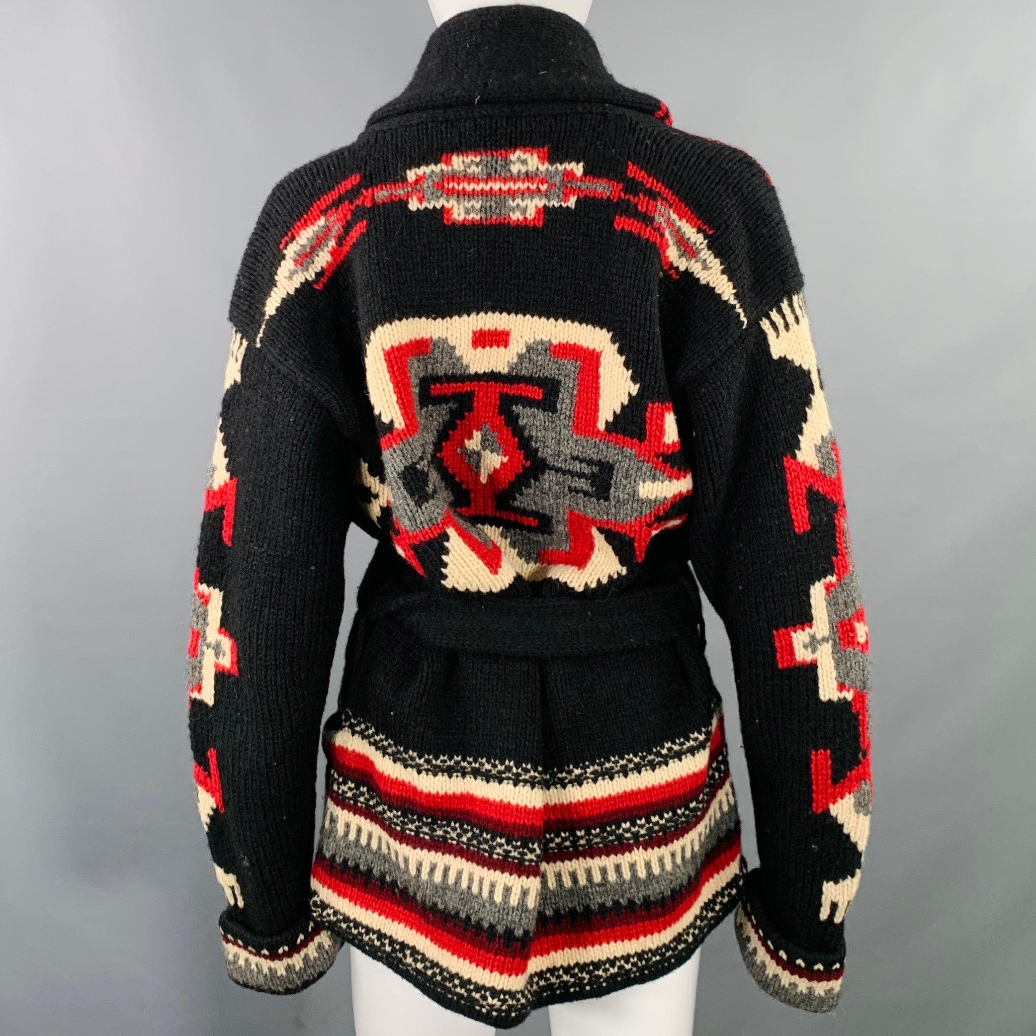 RALPH LAUREN Size S Black Red Black Wool Shawl Collar Cardigan In Good Condition In San Francisco, CA