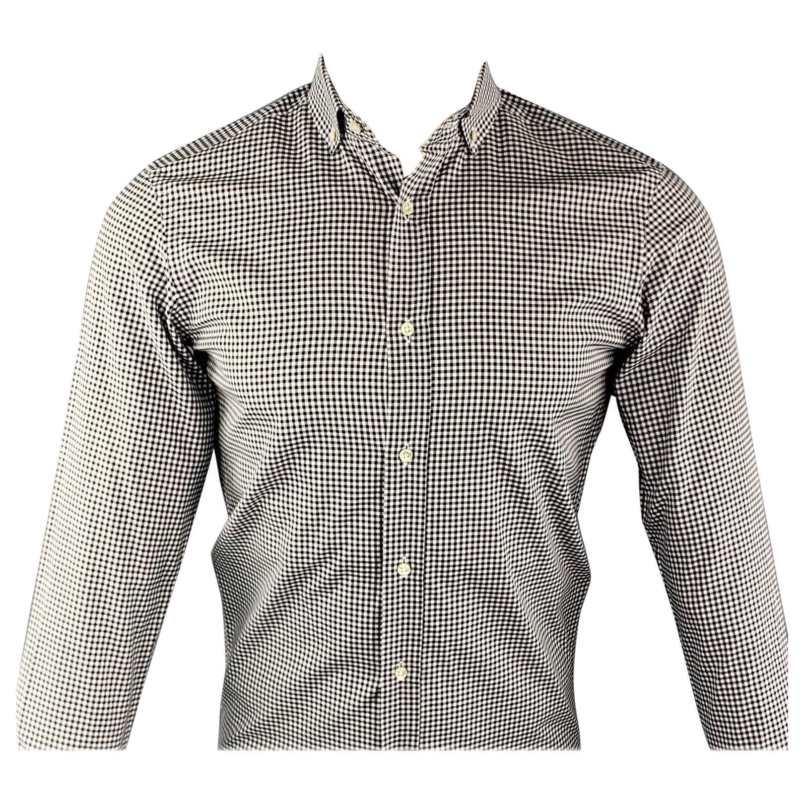 RALPH LAUREN Talla S Camisa de manga larga con botones de algodón a cuadros blancos y negros