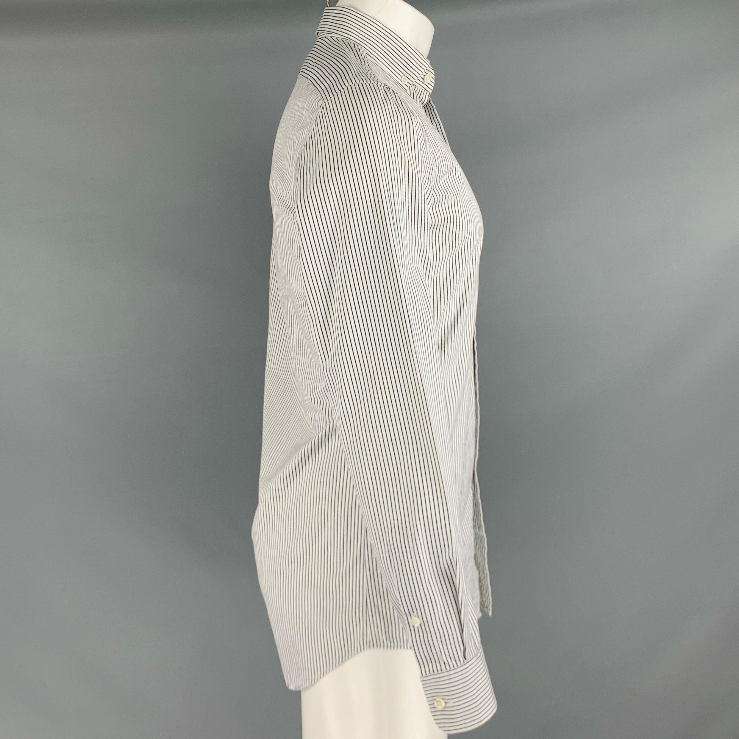 RALPH LAUREN BLACK LABEL long sleeve shirt
in a black and white cotton fabric featuring vertical stripe pattern, button-down collar, and button closure. Made in Italy.Very Good Pre-Owned Condition. Minor marks. 

Marked:   15 

Measurements: 
