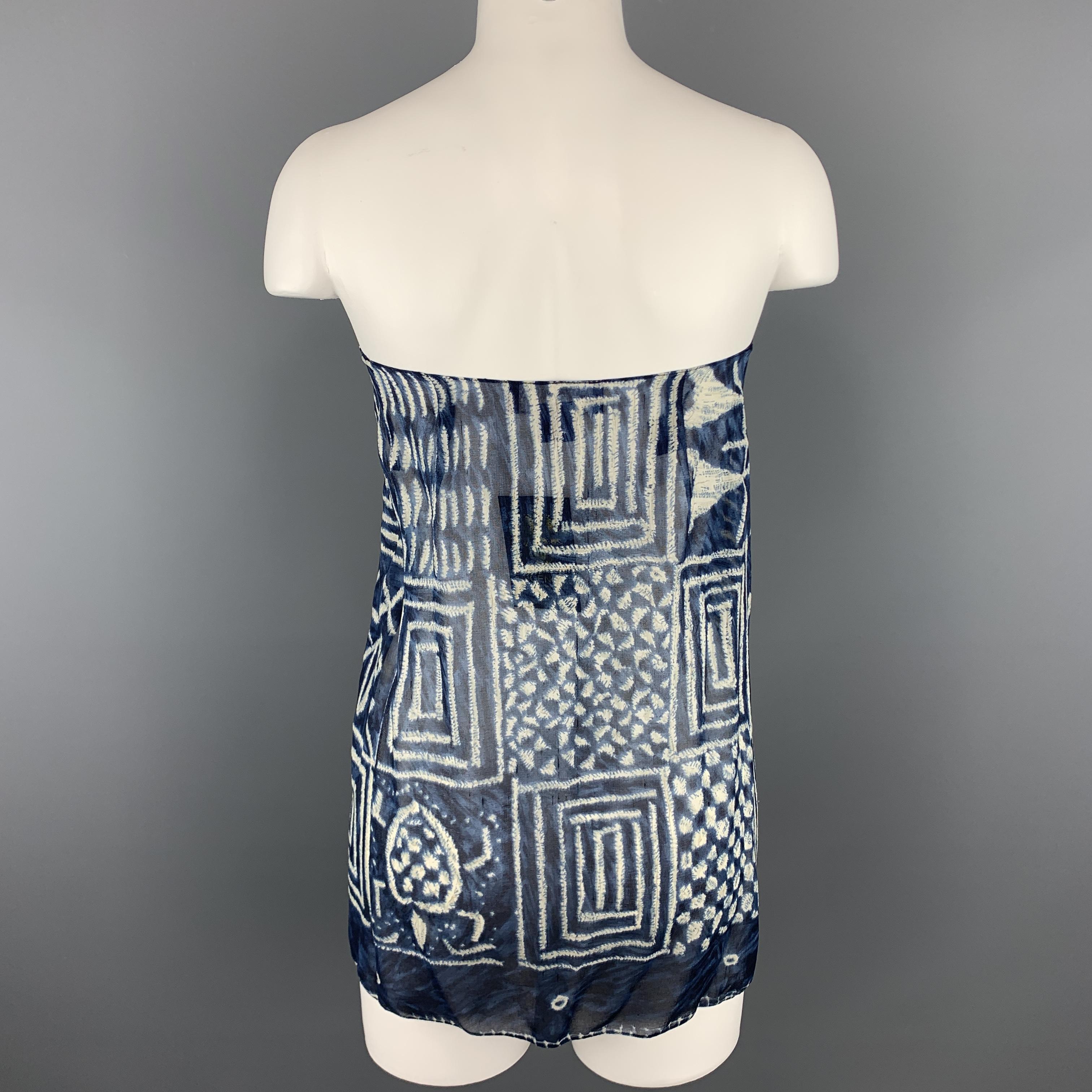 Black RALPH LAUREN Size S Blue Abstract Silk Strapless Blouse