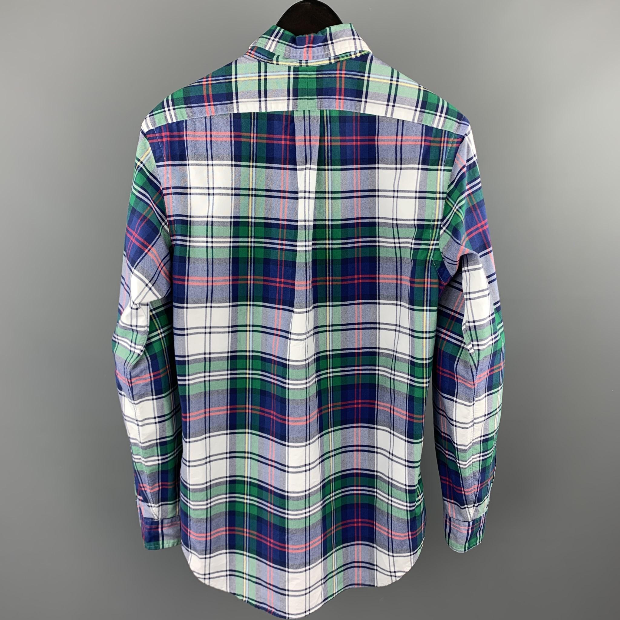 RALPH LAUREN long sleeve shirt comes in a blue & green plaid cotton featuring a button down style.

Excellent Pre-Owned Condition.
Marked: SP

Measurements:

Shoulder: 15 in.
Chest: 41 in. 
Sleeve: 25 in. 
Length: 30.5 in. 