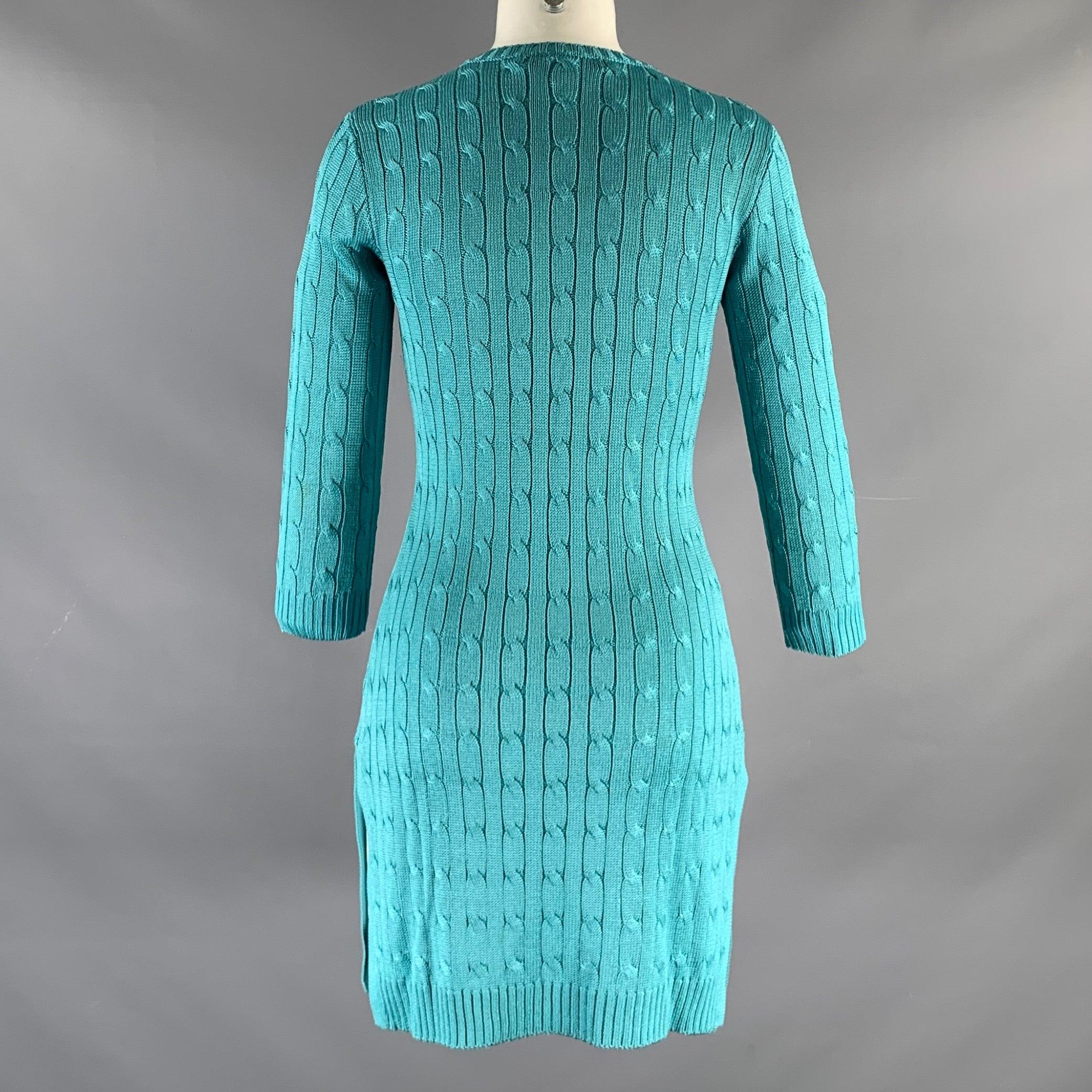 RALPH LAUREN Size S Blue Turquoise Silk Cable Long Sleeve Dress In Excellent Condition For Sale In San Francisco, CA
