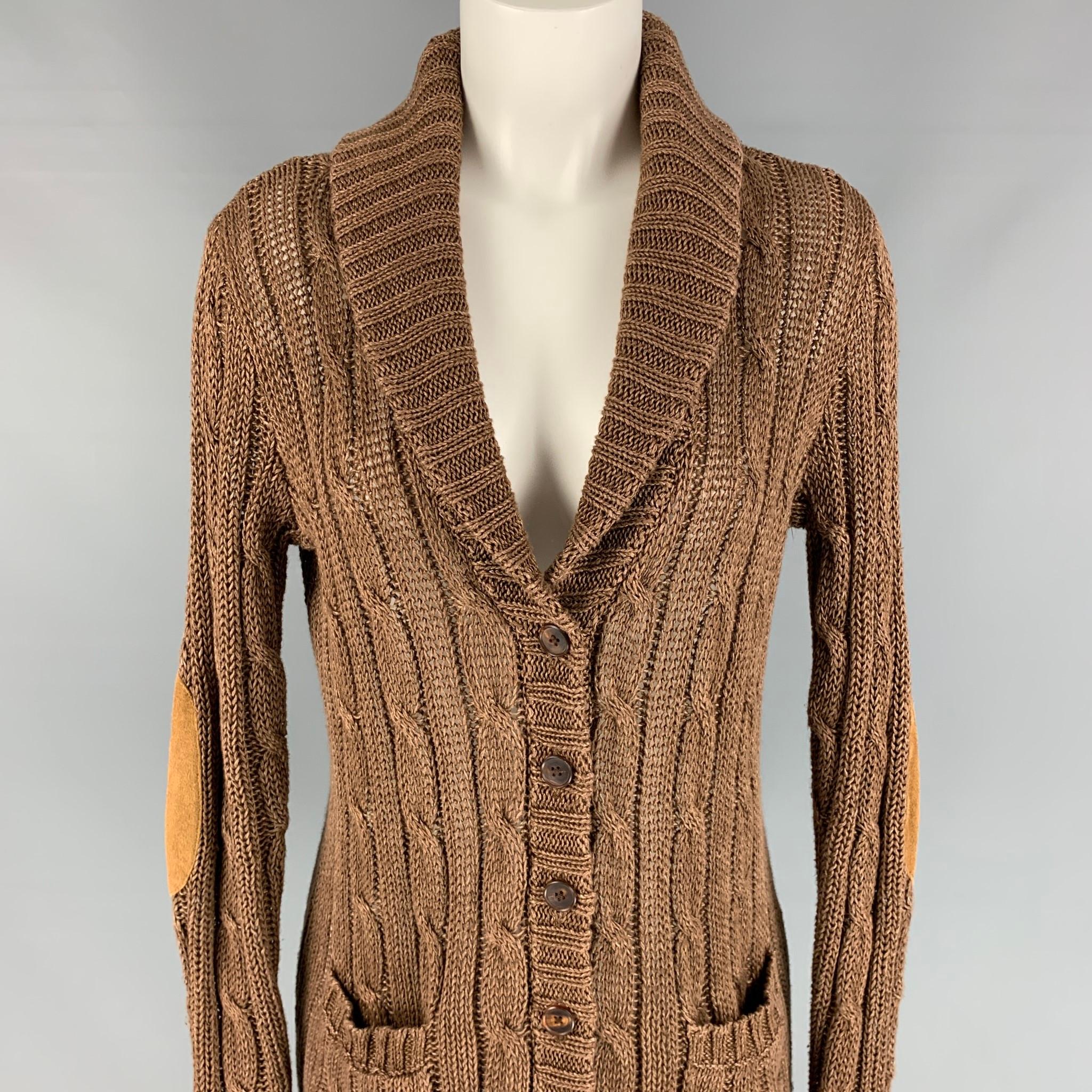 RALPH LAUREN cardigan comes in a brown linen featuring a shawl collar, suede elbow patches, front pockets, and a buttoned closure. 

Very Good Pre-Owned Condition.
Marked: S

Measurements:

Shoulder: 17 in.
Bust: 34 in.
Sleeve: 26 in.
Length: 28.5