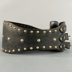 RALPH LAUREN Size S Brown Silver Studded High Waisted Leather Metal 3 Buckle Belt
