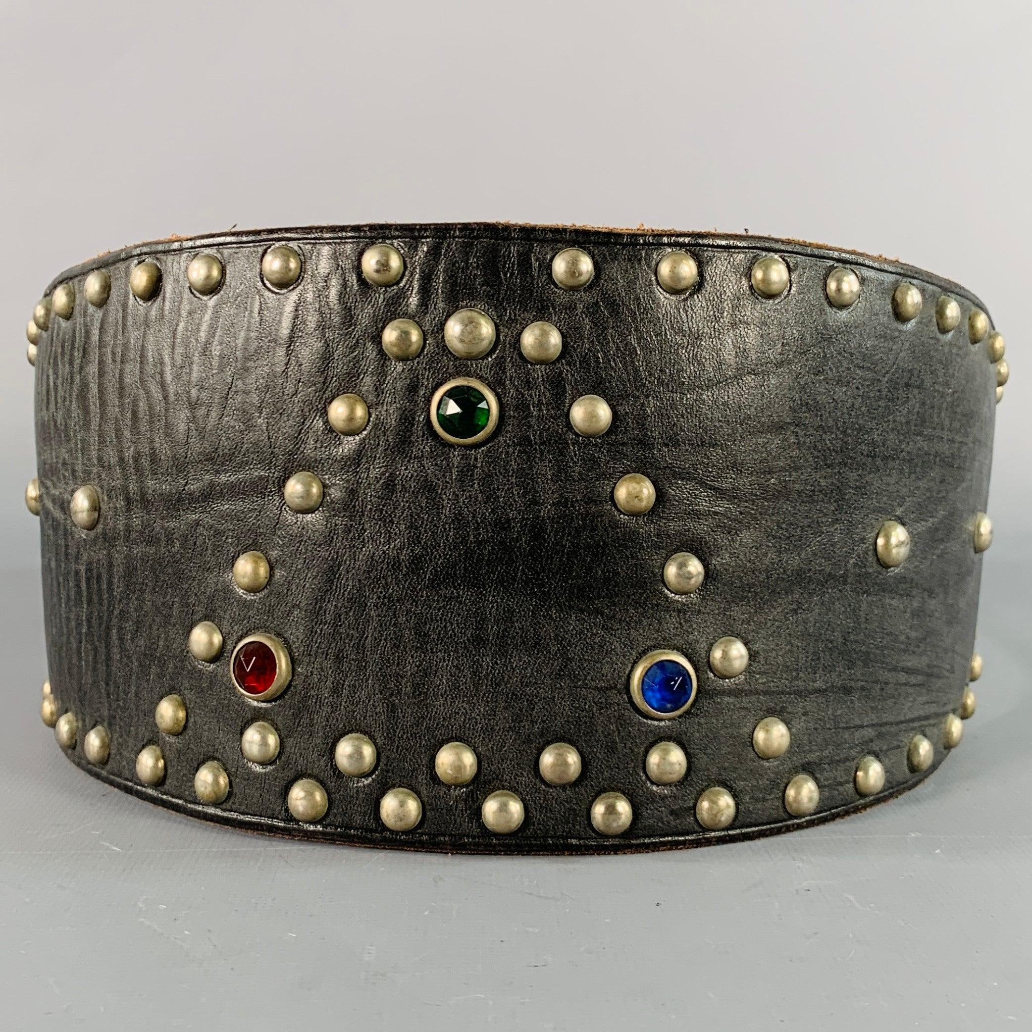 RALPH LAUREN Size S Brown Silver Studded High Waisted Leather Metal 3 Buckle Belt In Excellent Condition For Sale In San Francisco, CA