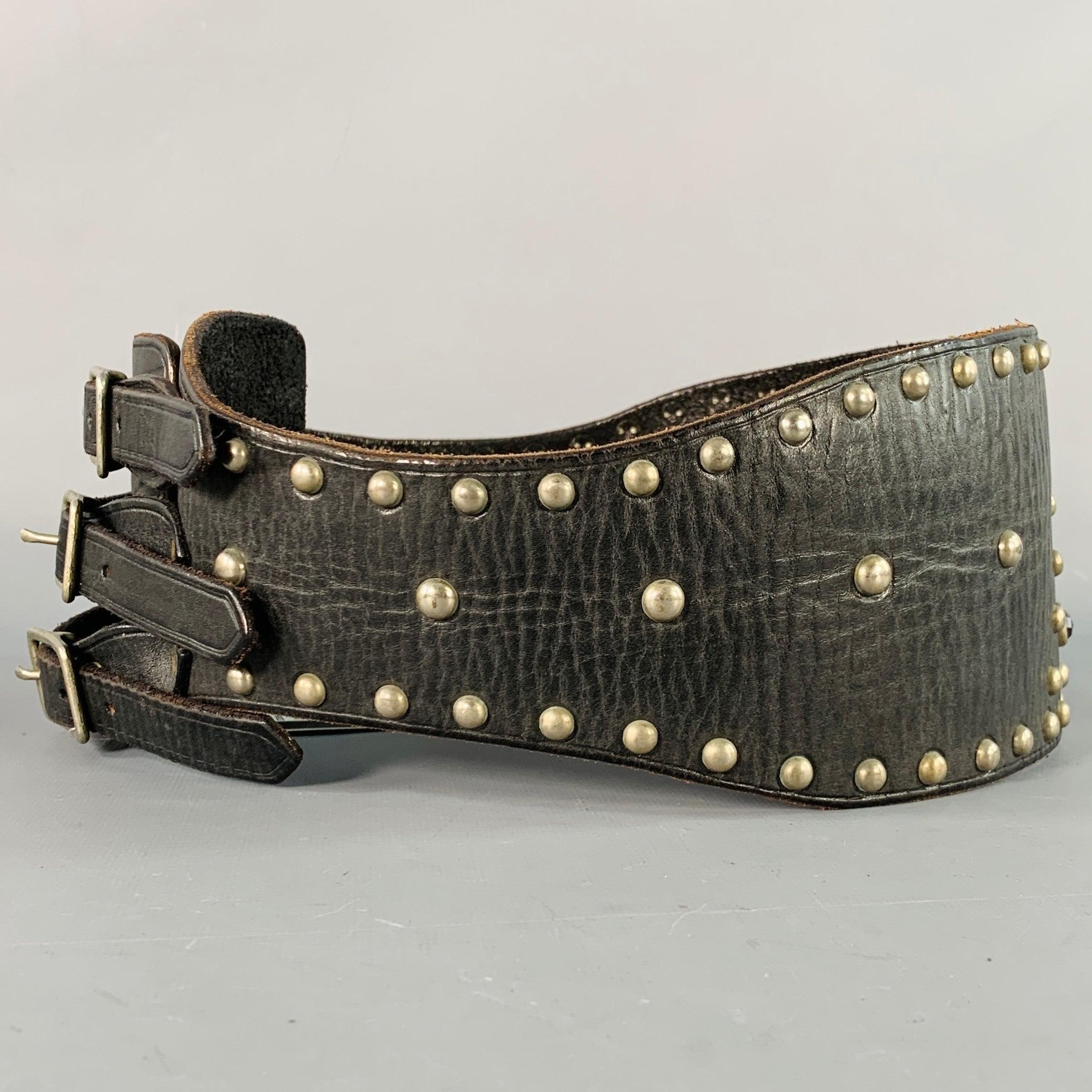 Women's RALPH LAUREN Size S Brown Silver Studded High Waisted Leather Metal 3 Buckle Belt For Sale