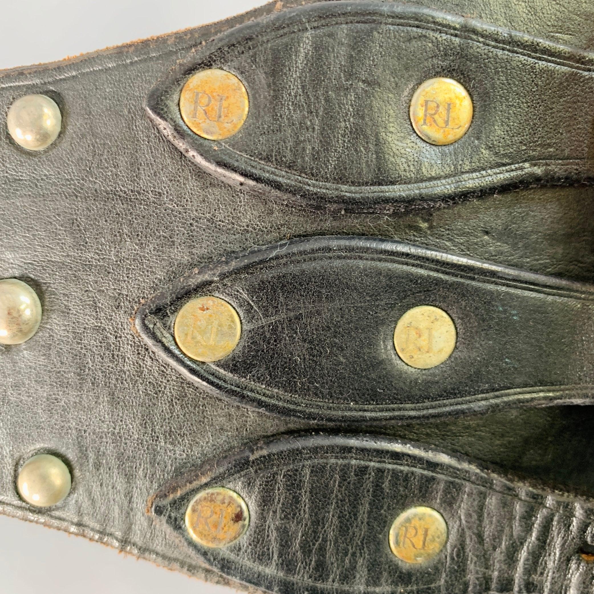 RALPH LAUREN Size S Brown Silver Studded High Waisted Leather Metal 3 Buckle Belt For Sale 1