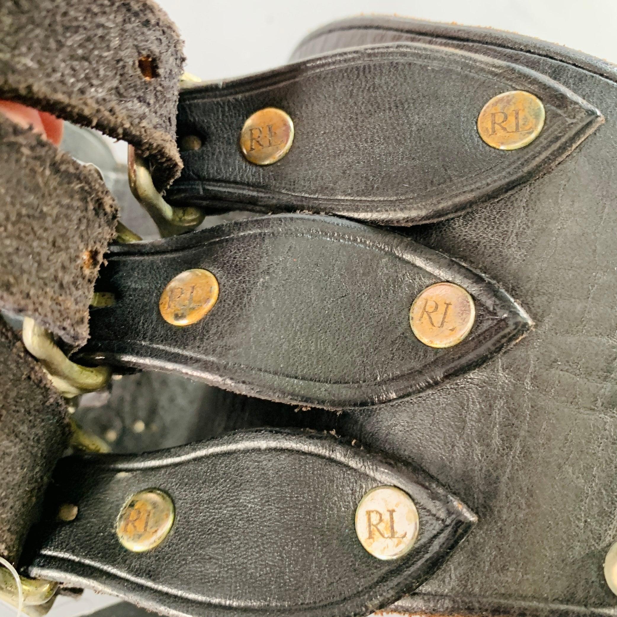 RALPH LAUREN Size S Brown Silver Studded High Waisted Leather Metal 3 Buckle Belt For Sale 2
