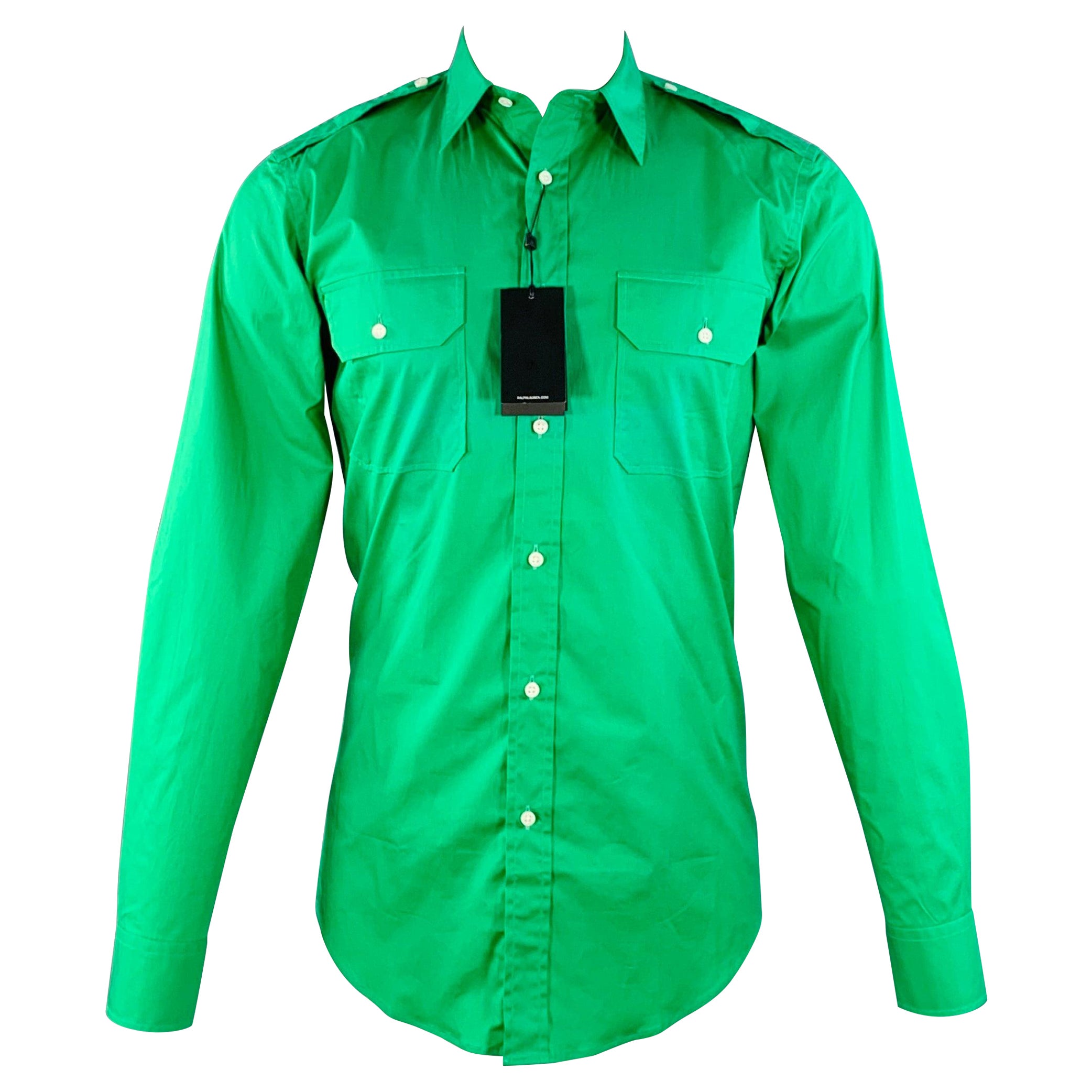 RALPH LAUREN Taille S Chemise à manches longues à épaulettes en coton mélangé vert en vente