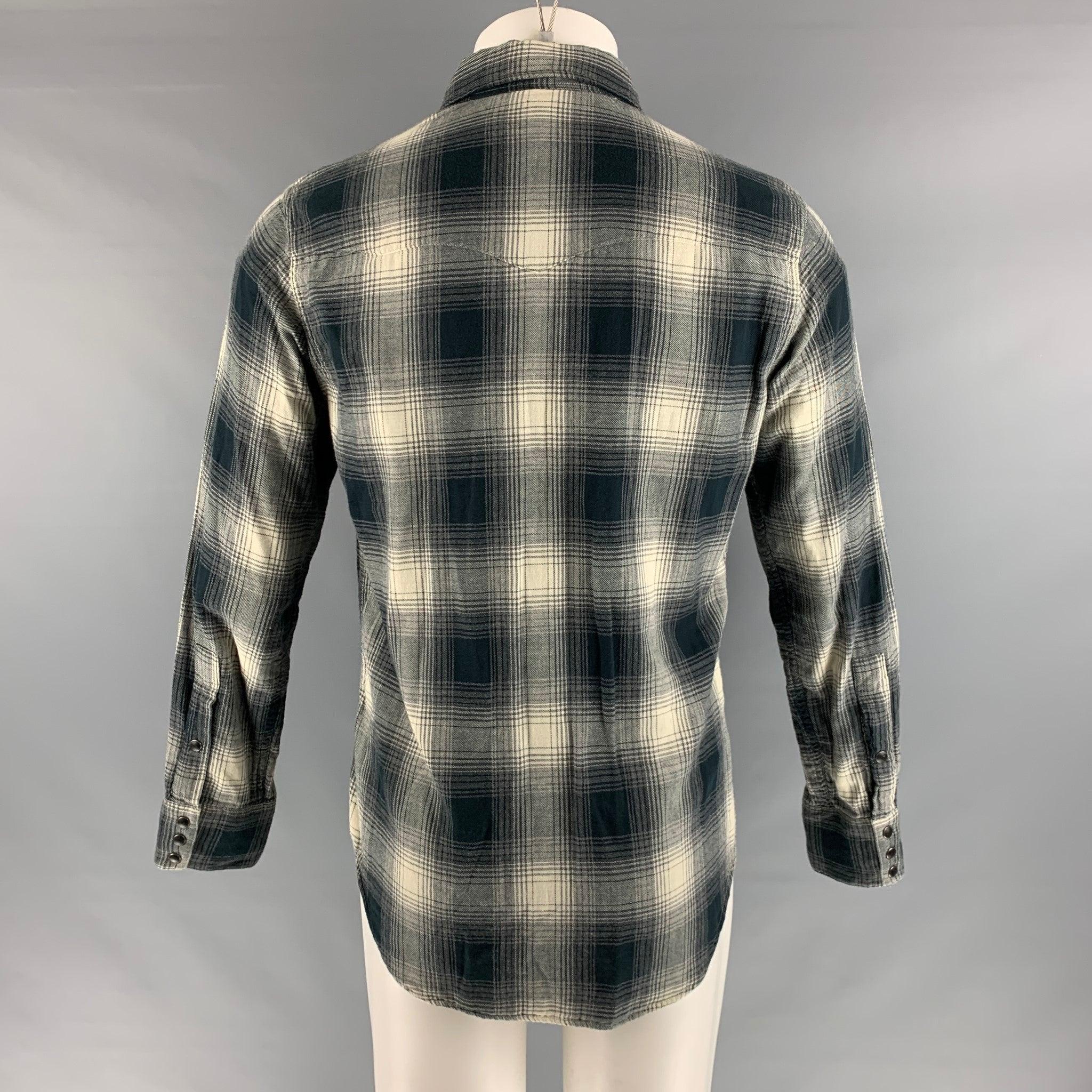RALPH LAUREN Size S Grey Off White Plaid Cotton Snaps Long Sleeve Shirt In Good Condition In San Francisco, CA