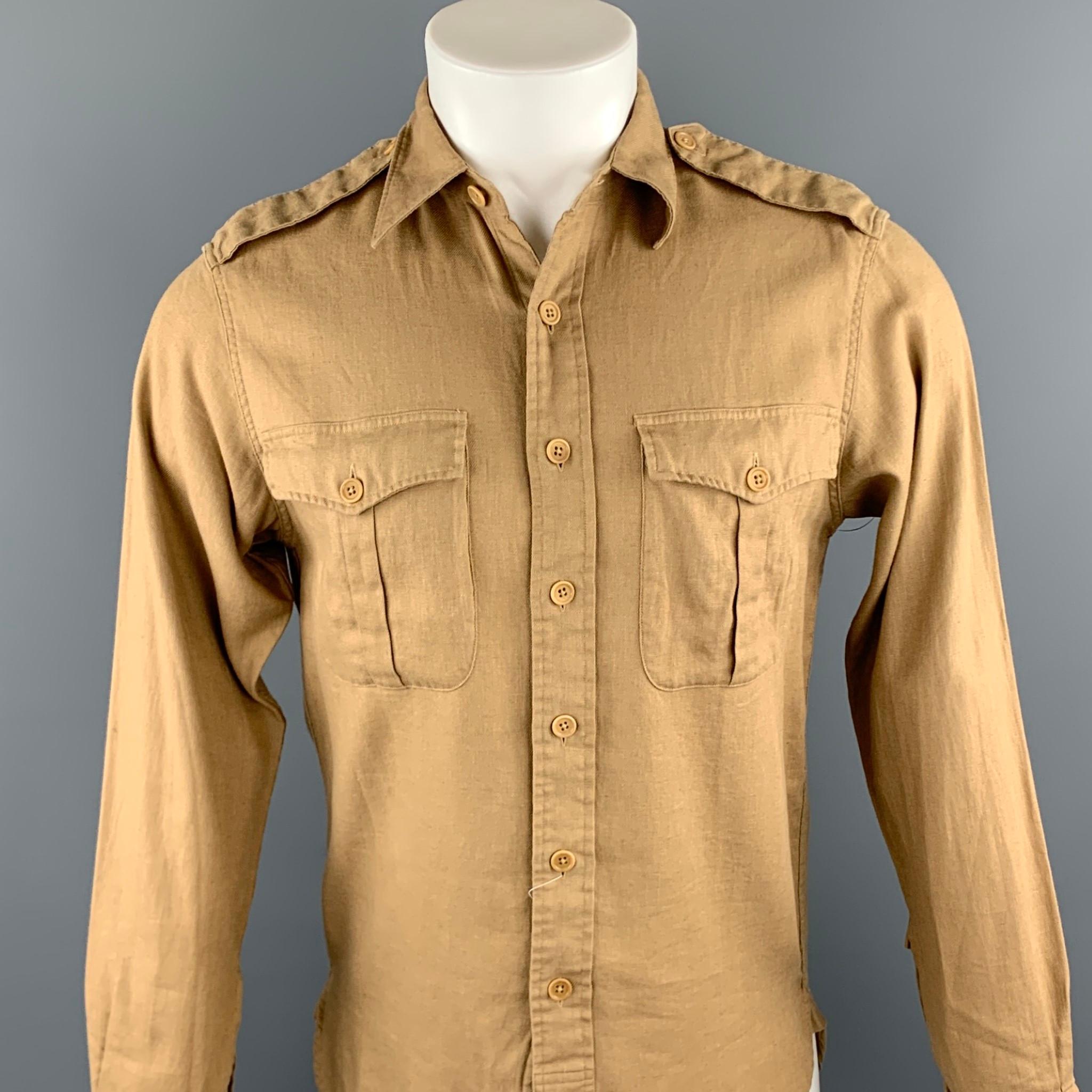 RALPH LAUREN long sleeve shirt comes in a khaki linen / cotton featuring a slim fit button up style, patch pockets, epaulettes, and a spread collar.

New With Tags.
Marked: S

Measurements:

Shoulder: 16 in. 
Chest: 38 in. 
Sleeve: 25 in. 
Length: