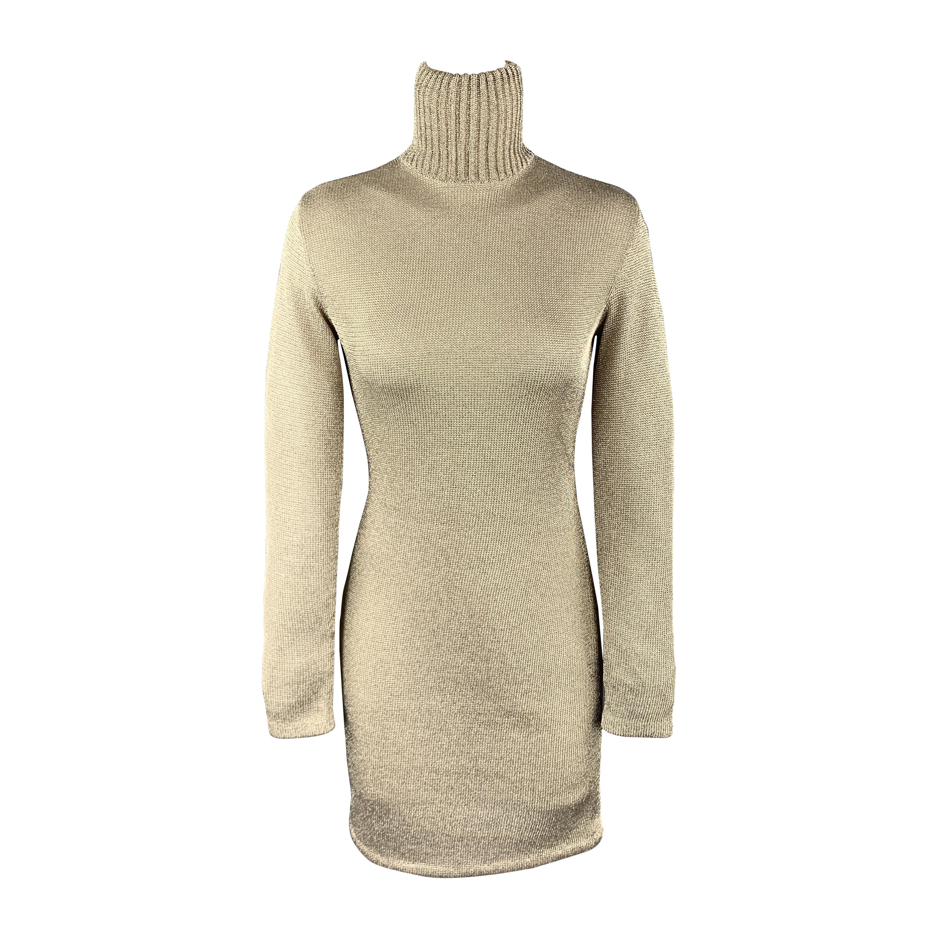 RALPH LAUREN Size S Metallic Gold Knit Turtleneck Sweater Cocktail Dress
