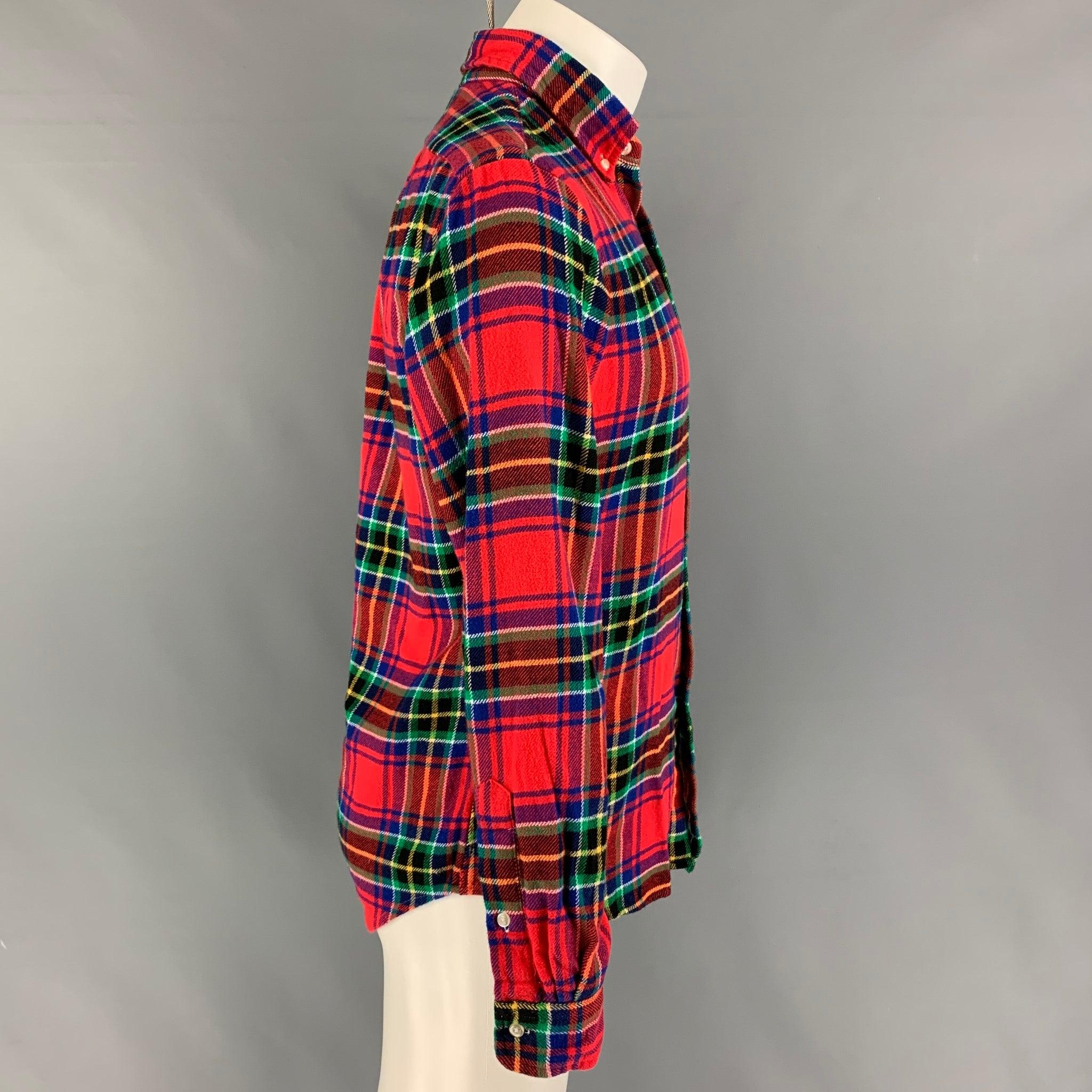 RALPH LAUREN long sleeve shirt comes in a multi-color plaid cotton featuring a custom fit, button down collar, and a button up closure.
Very Good
Pre-Owned Condition. 

Marked:   S 

Measurements: 
 
Shoulder: 17.5 inches  Chest: 38 inches  Sleeve:
