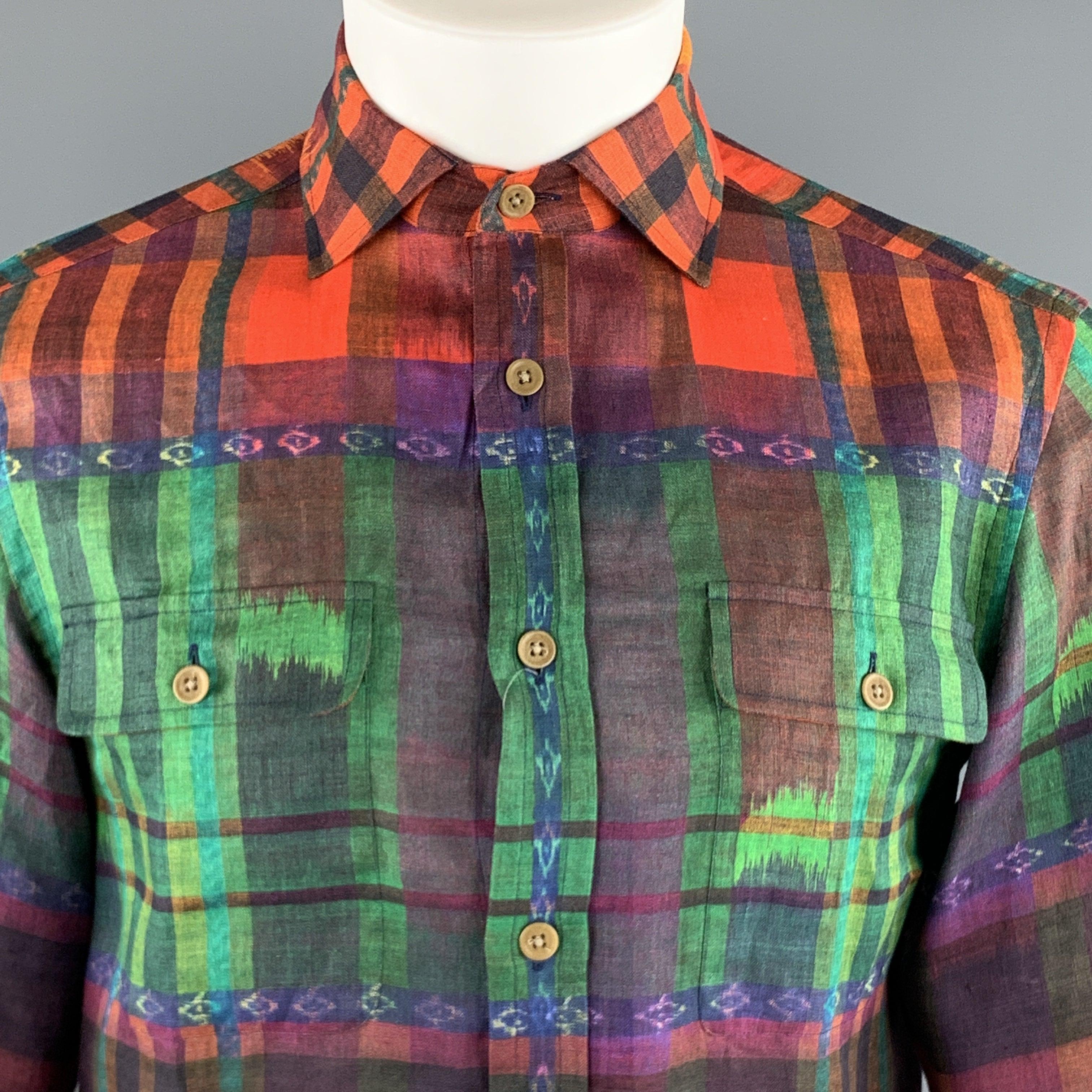 RALPH LAUREN PURPLE LABEL shirt comes in multi-color plaid linen with a spread collar and patch flap pockets. Made in Italy.New with Tags. 

Marked:   S 

Measurements: 
 
Shoulder: 17 inches Chest:
39 inches Sleeve:
25.5 inches Length: 28 inches 
 