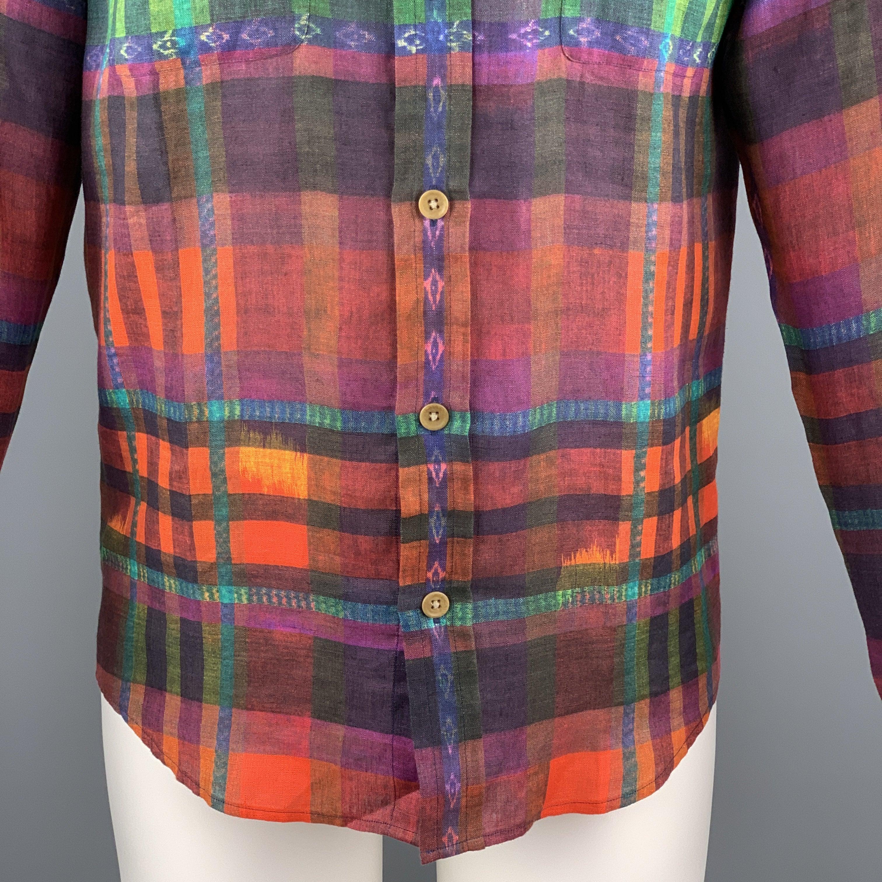 RALPH LAUREN Size S Multi-Color Plaid Linen Spread Collar Shirt In Excellent Condition For Sale In San Francisco, CA