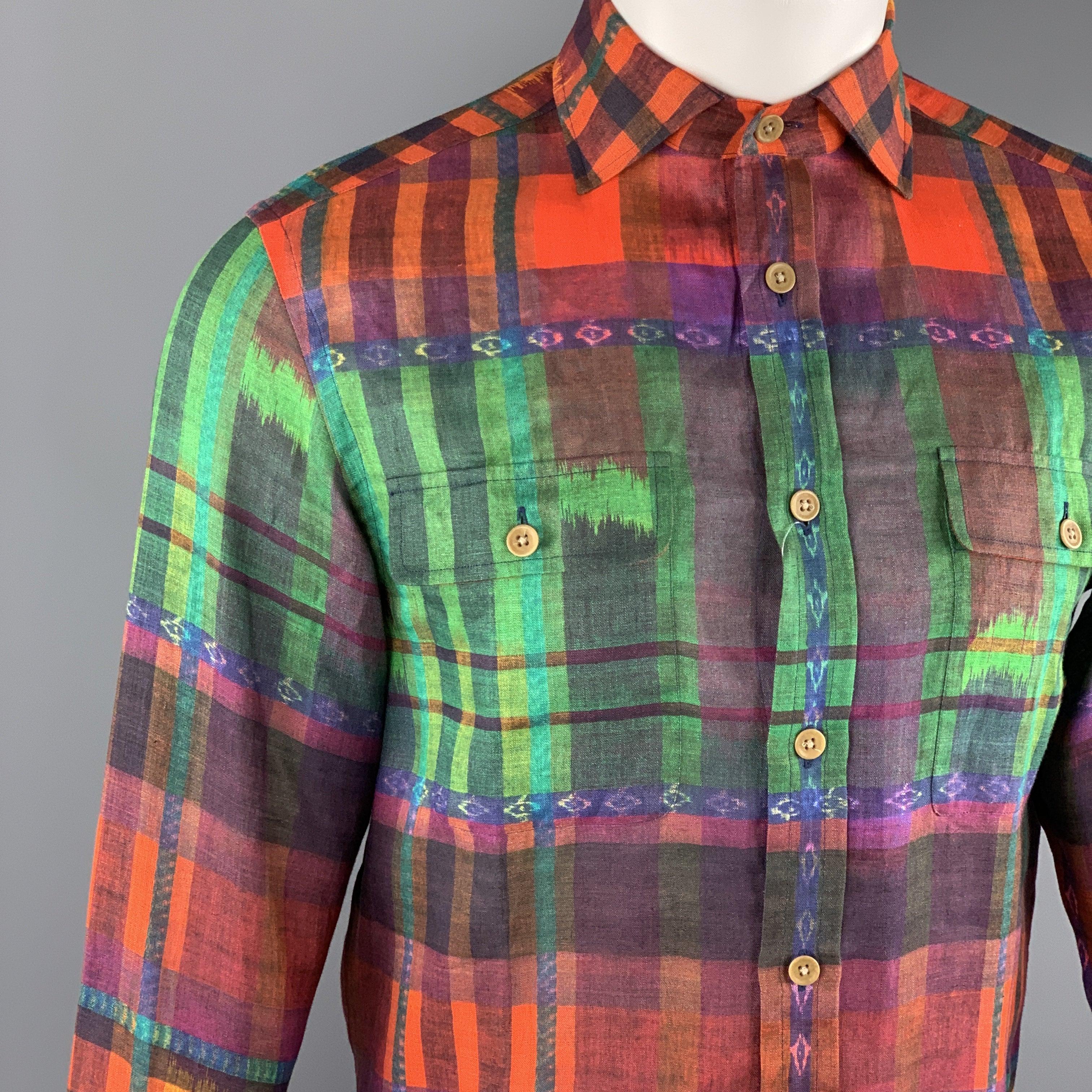 Men's RALPH LAUREN Size S Multi-Color Plaid Linen Spread Collar Shirt For Sale