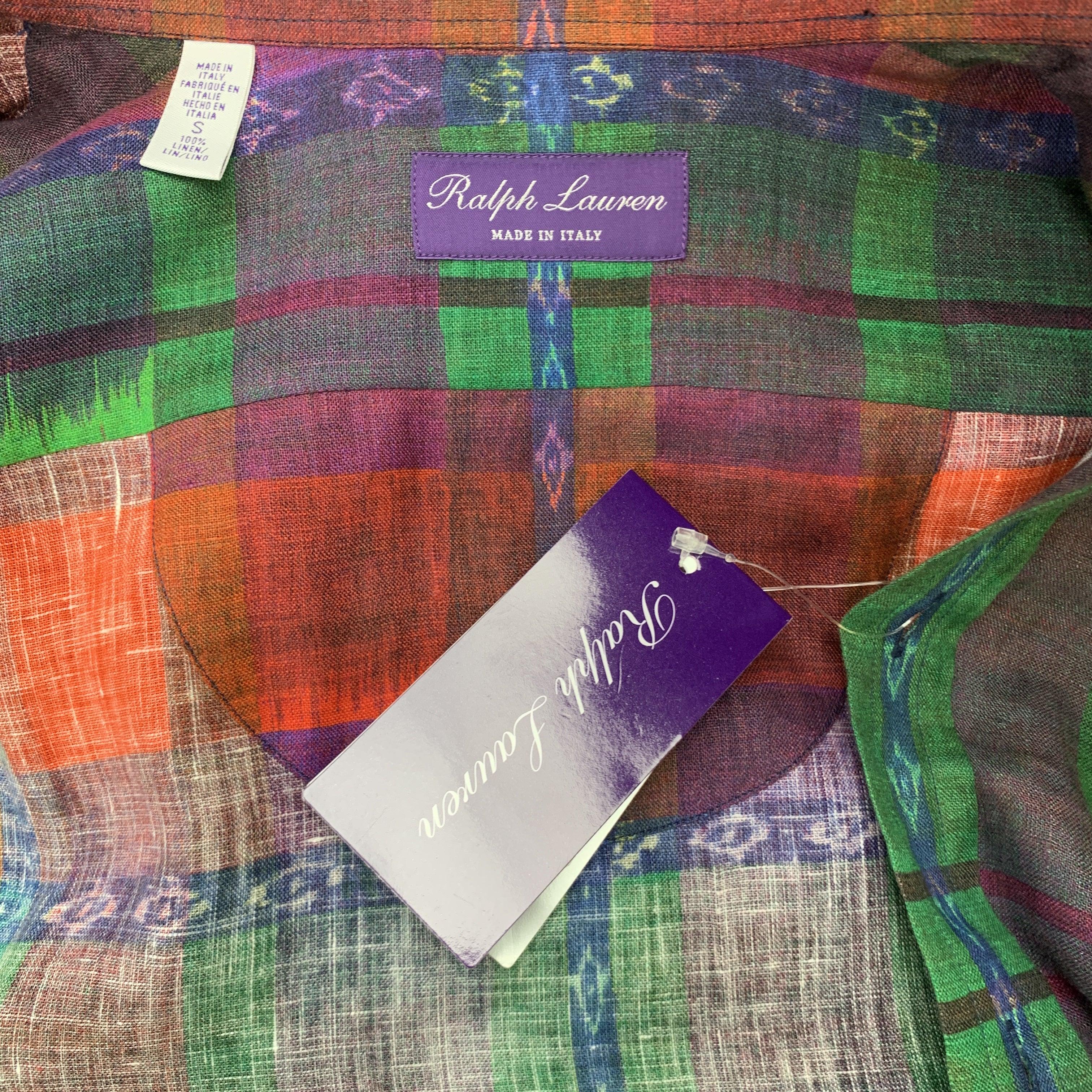 RALPH LAUREN Size S Multi-Color Plaid Linen Spread Collar Shirt For Sale 3