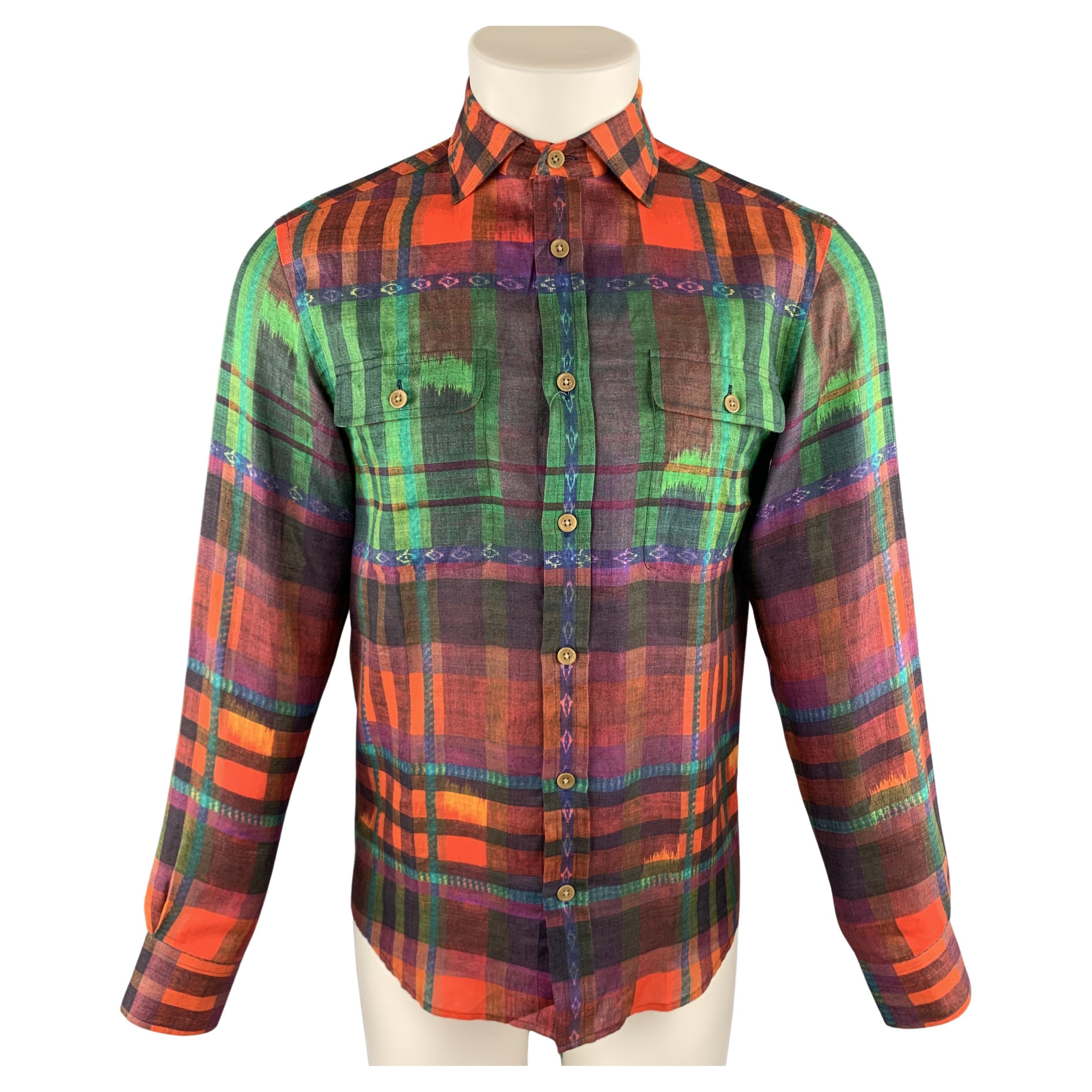 RALPH LAUREN Size S Multi-Color Plaid Linen Spread Collar Shirt For Sale