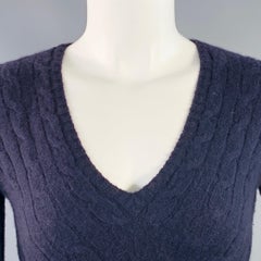 RALPH LAUREN Size S Navy Cashmere Cable Knit Slim Fit V-Neck Sweater