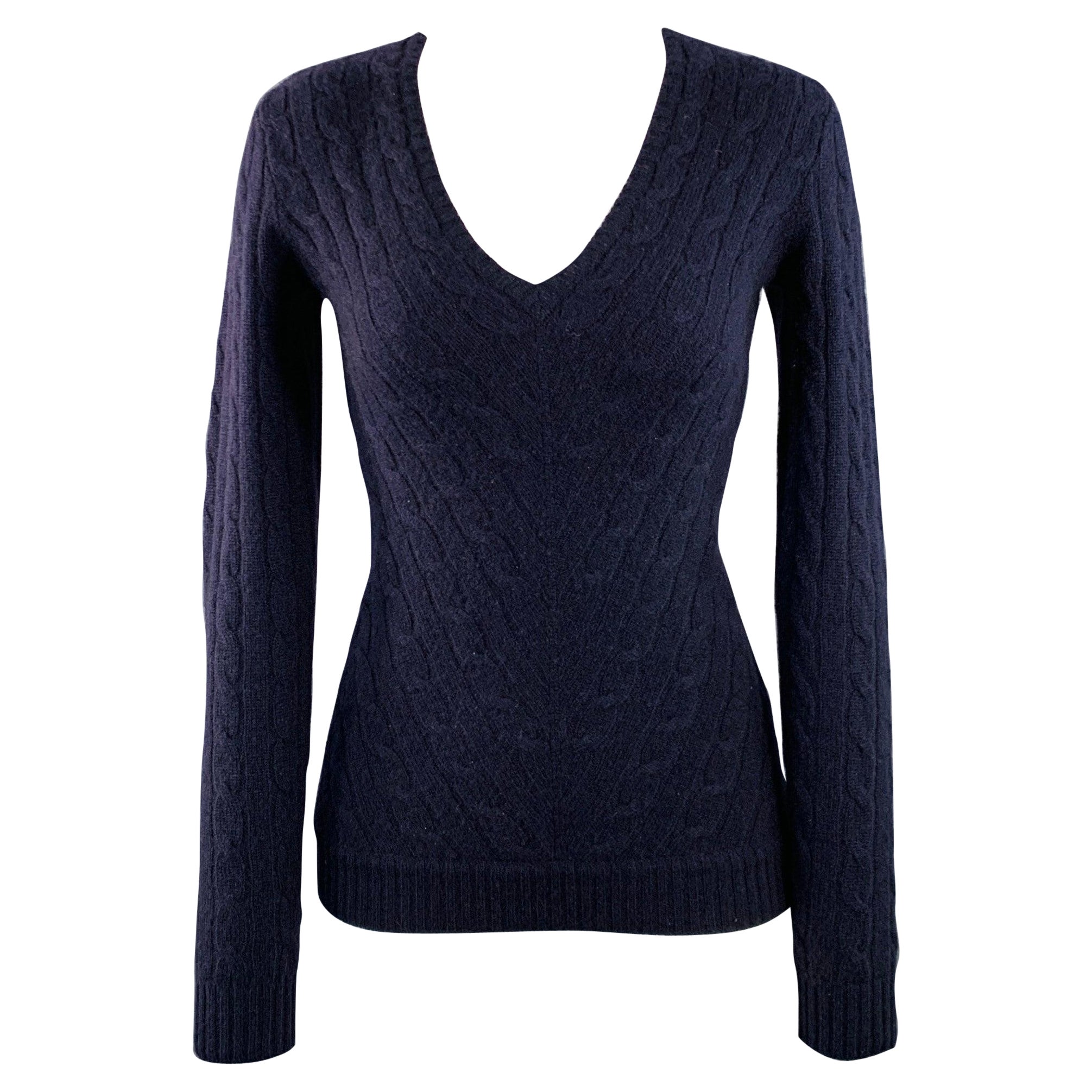 RALPH LAUREN Size S Navy Cashmere Cable Knit Slim Fit V-Neck Sweater