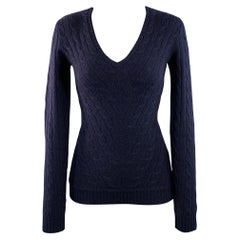 RALPH LAUREN Size S Navy Cashmere Cable Knit Slim Fit V-Neck Sweater