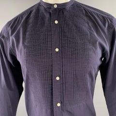 RALPH LAUREN Size S Navy Pleated Cotton Band Collar Long Sleeve Shirt