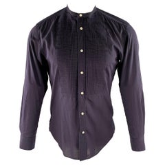RALPH LAUREN Size S Navy Pleated Cotton Band Collar Long Sleeve Shirt