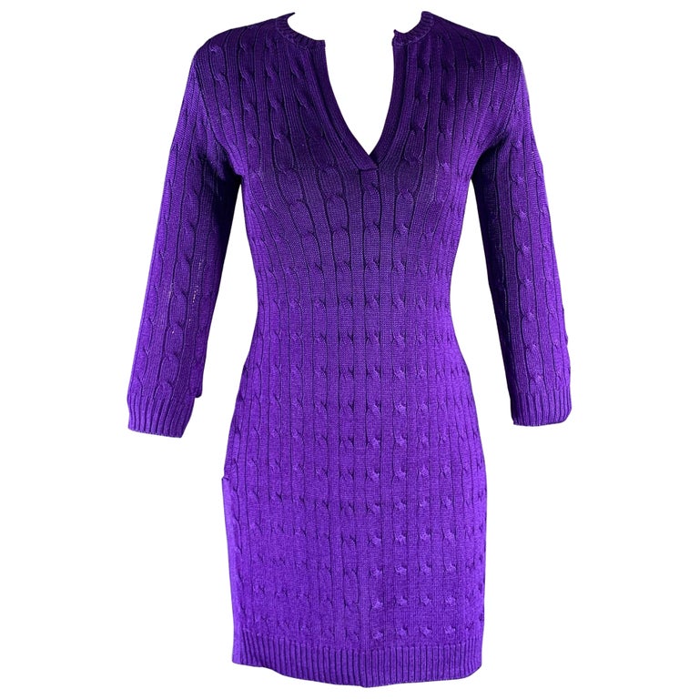 RALPH LAUREN Size S Purple Silk Cable Long Sleeve Dress For Sale