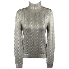RALPH LAUREN Size S Silver Metallic Foil Silk Cable Knit Button Shoulder Sweater