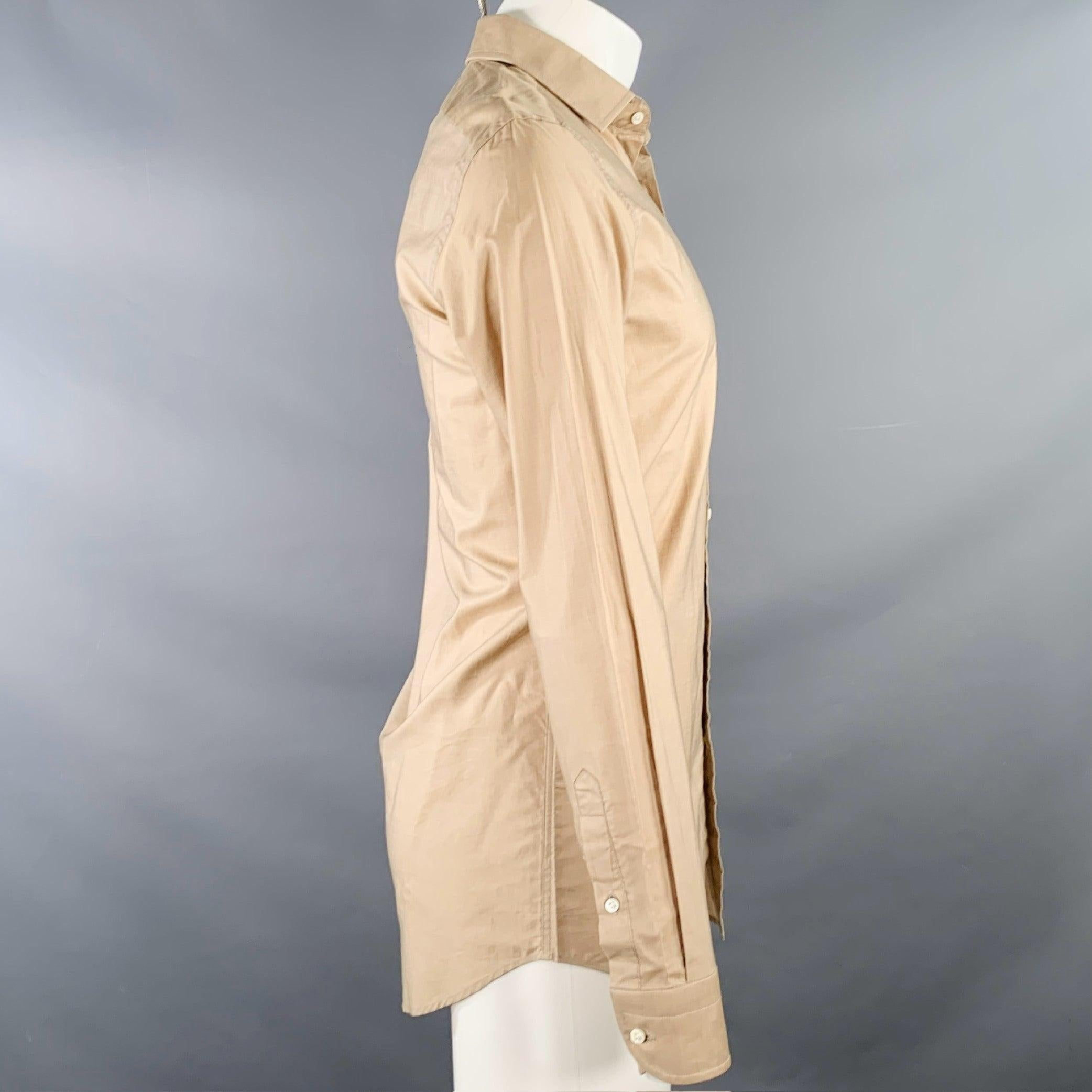 RALPH LAUREN BLACK LABEL long sleeve shirt
in a tan cotton woven fabric featuring a spread collar, tailored fit, and button closure. Made in Italy.New with Tags. 

Marked:   15 

Measurements: 
 
Shoulder: 16.5 inches Chest: 39 inches Sleeve: 26