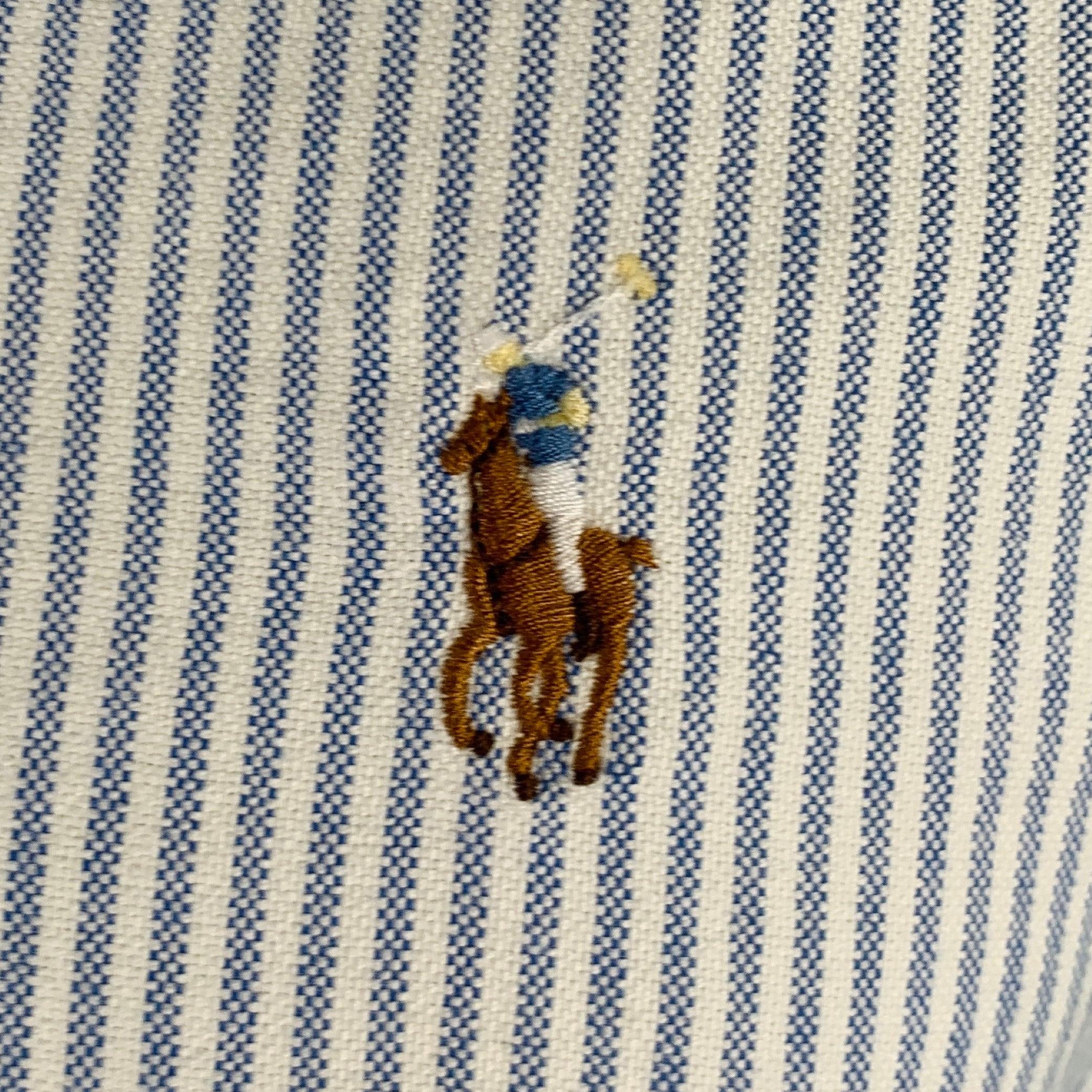 RALPH LAUREN long sleeve shirt
in a white and light blue cotton woven fabric featuring a vertical stripe pattern, button down collar, and button closure.Excellent Pre-Owned Condition. 

Marked:   S 

Measurements: 
 
Shoulder: 16.5 inches Chest: 41