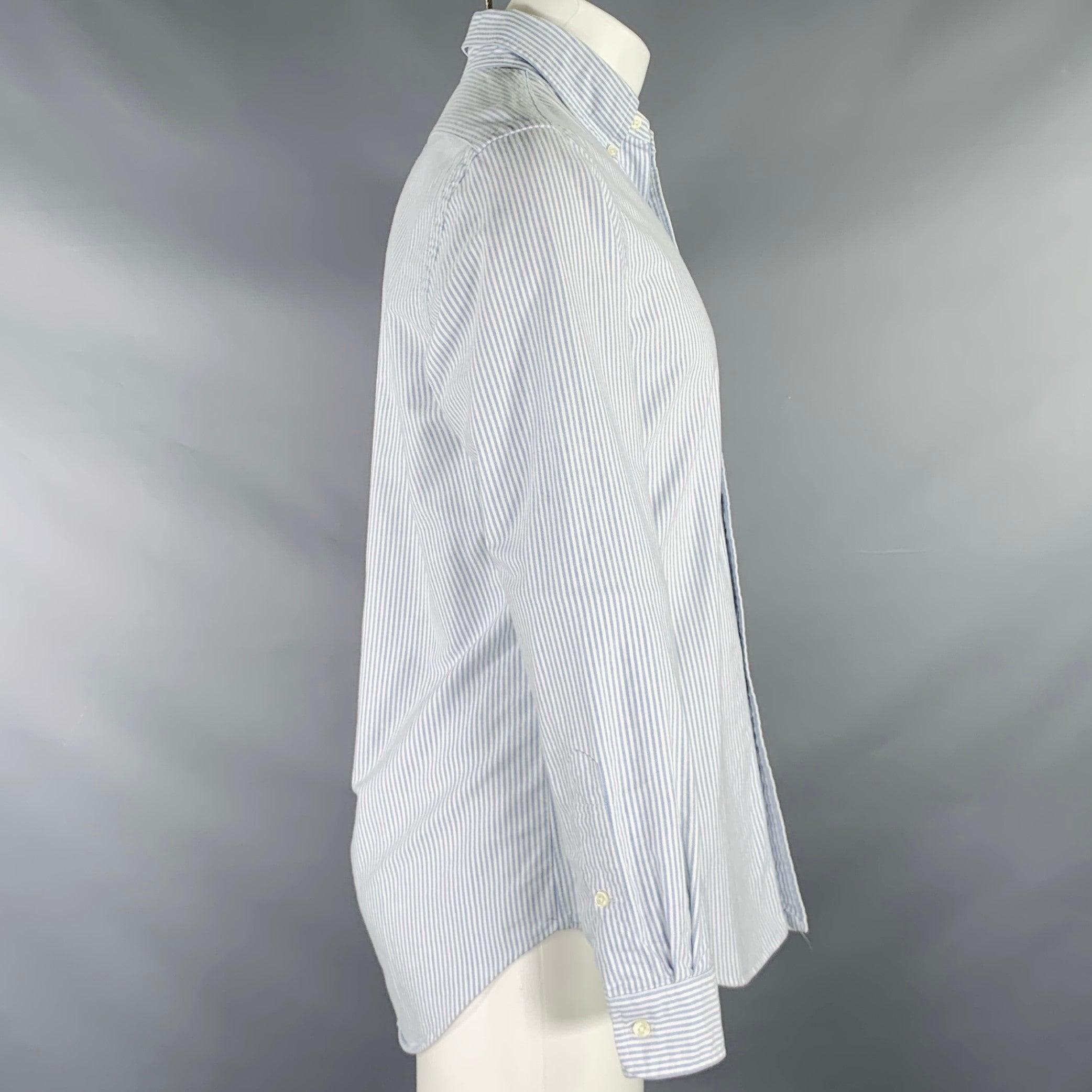 Gray RALPH LAUREN Size S White Light Blue Stripe Cotton Button Down Long Sleeve Shirt For Sale