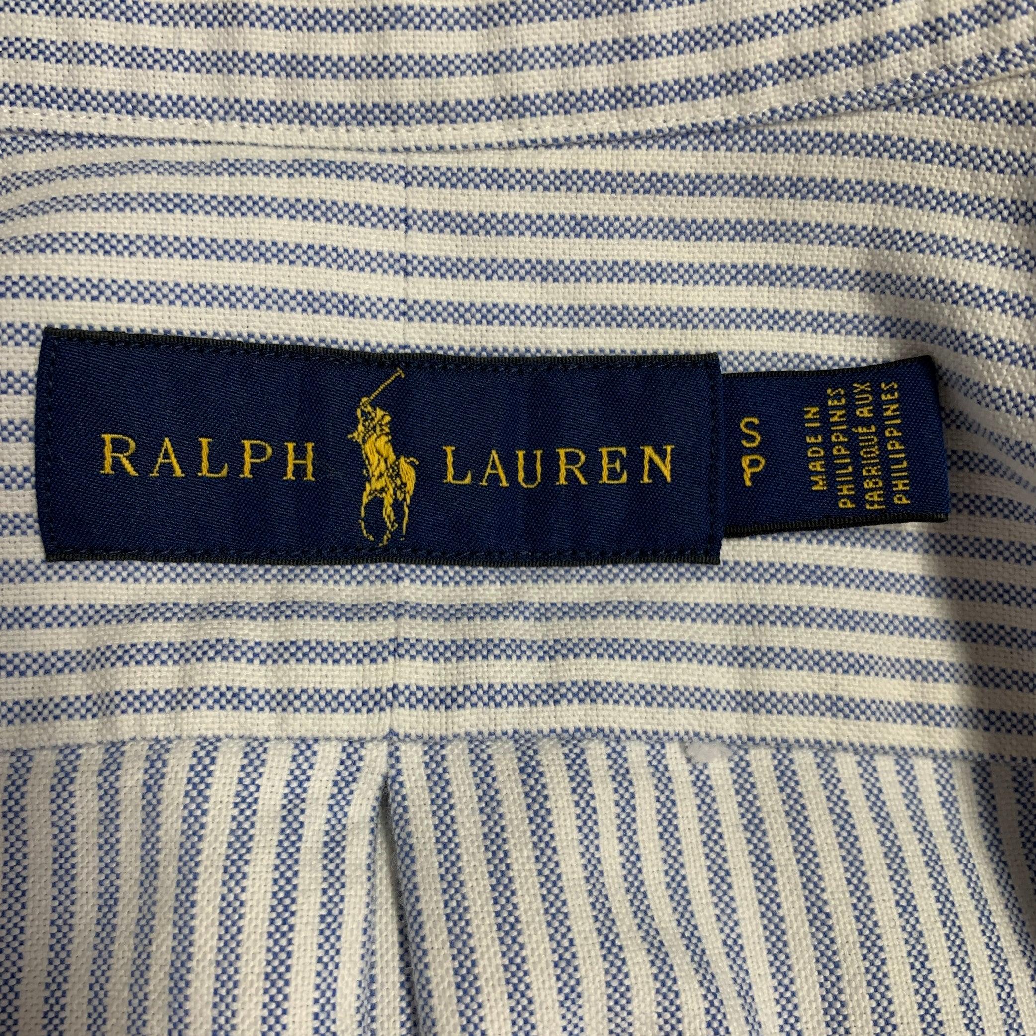 Men's RALPH LAUREN Size S White Light Blue Stripe Cotton Button Down Long Sleeve Shirt For Sale